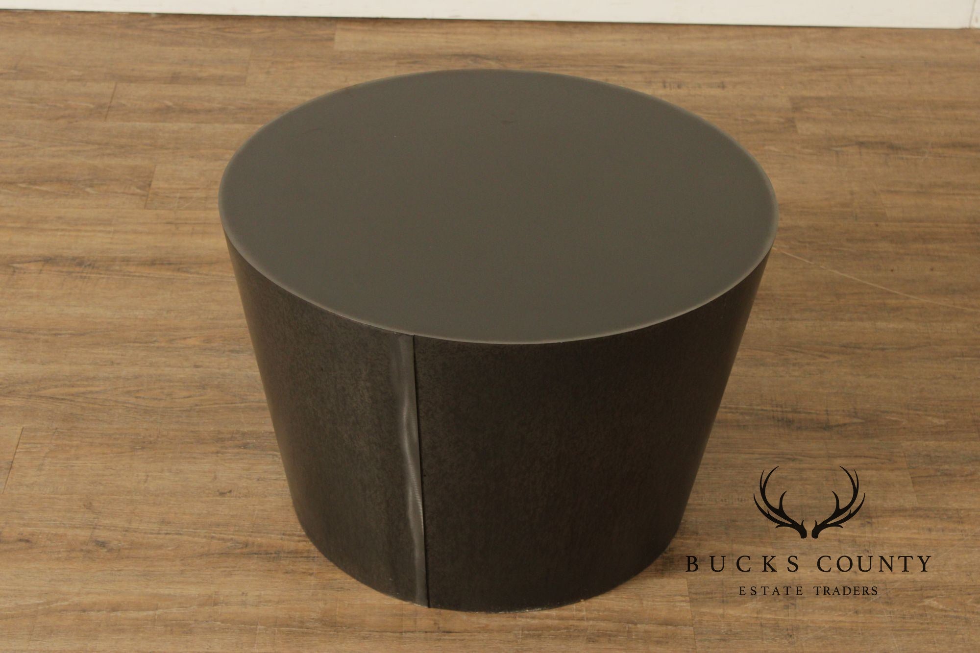 Modern Pair of Patinated Steel Round Drum Side Tables