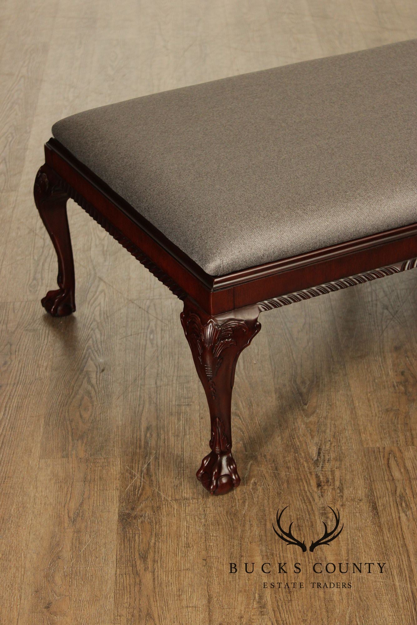 Baker Stately Homes Georgian Style Carved Mahogany Upholstered Bench