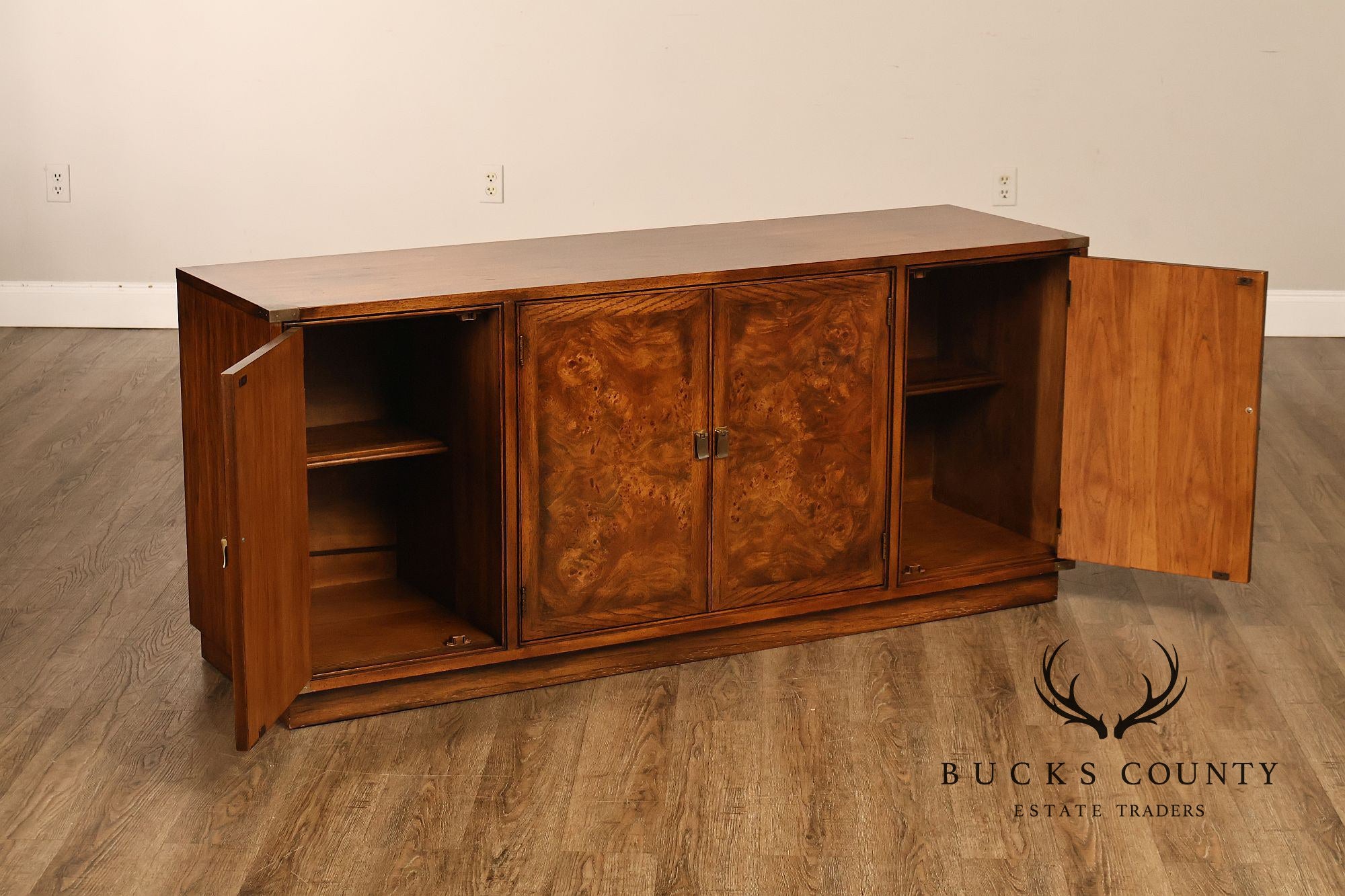 Hickory Manufacturing Vintage Campaign Style Burlwood Buffet Sideboard
