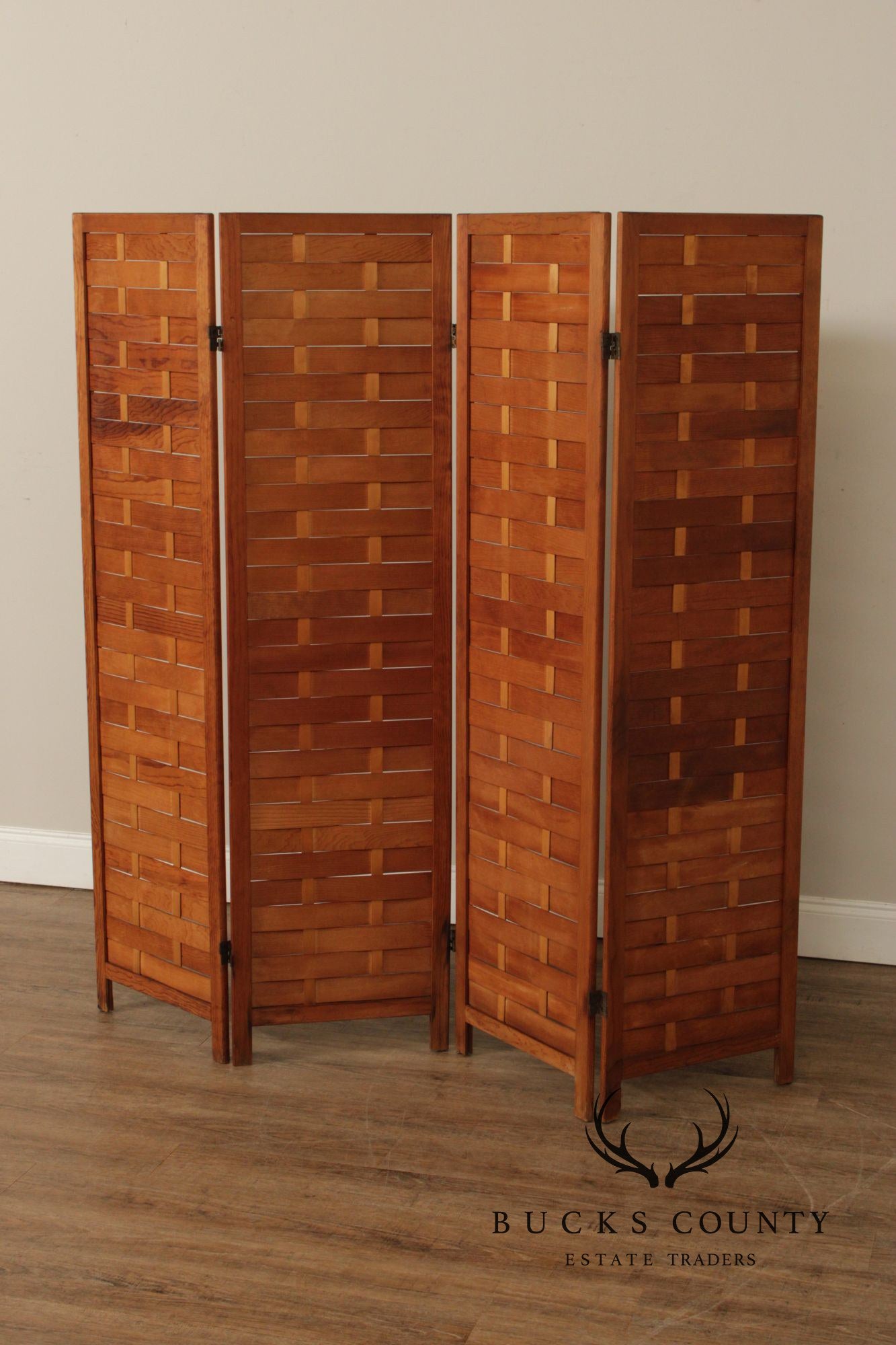 Mid Century Modern Woven Wood Four-Panel Screen