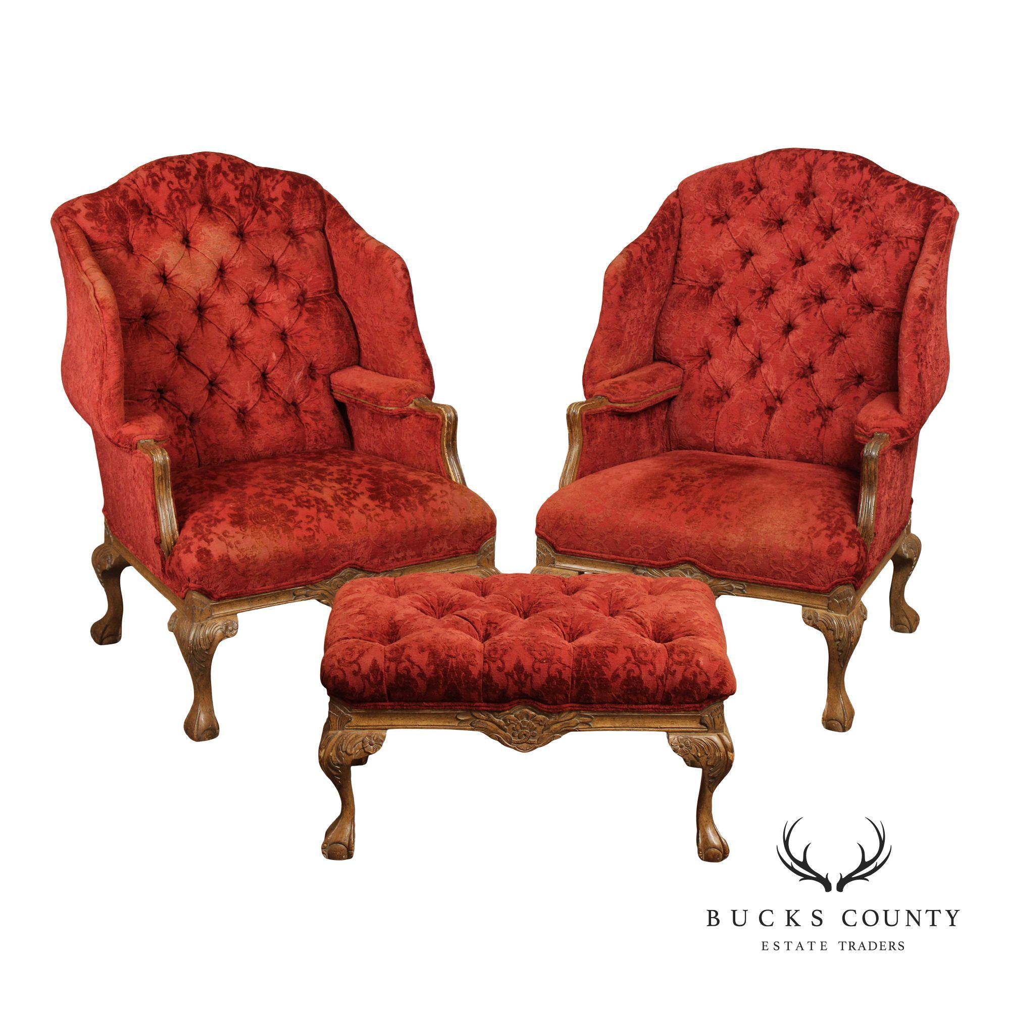 Georgian Style Pair of Wingback Armchairs and Ottoman