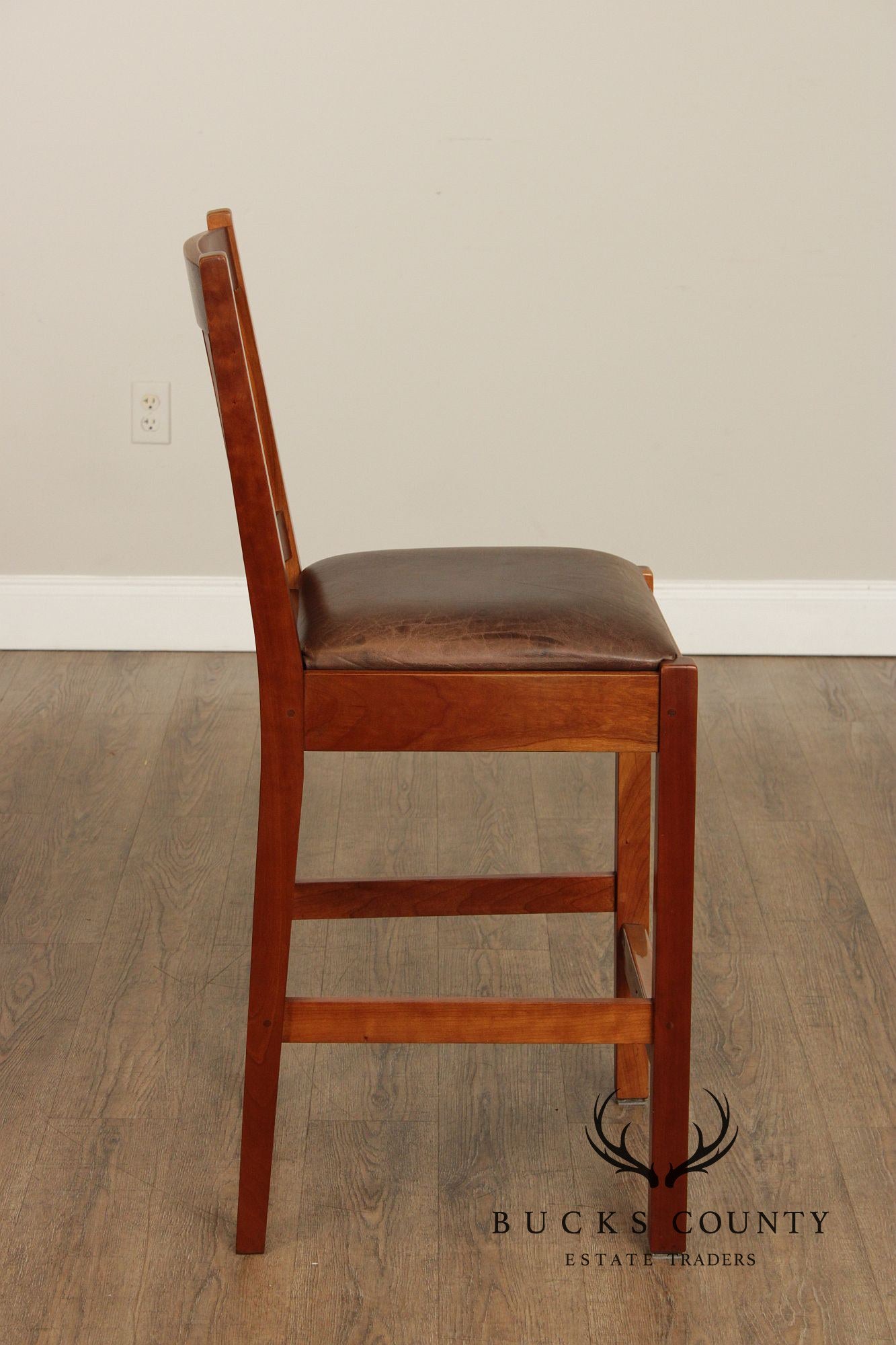 Stickley Mission Collection Pair of Cherry and Leather Slat Back Stools