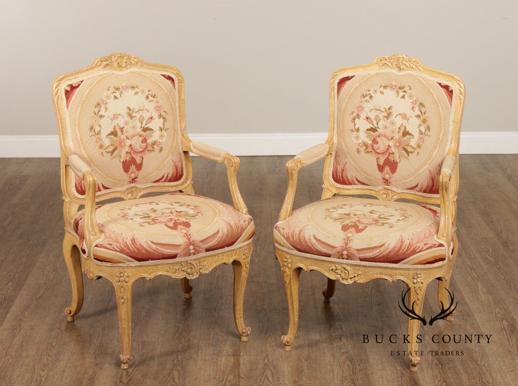 French Louis XV Style Pair Of Painted Fauteuil Armchairs