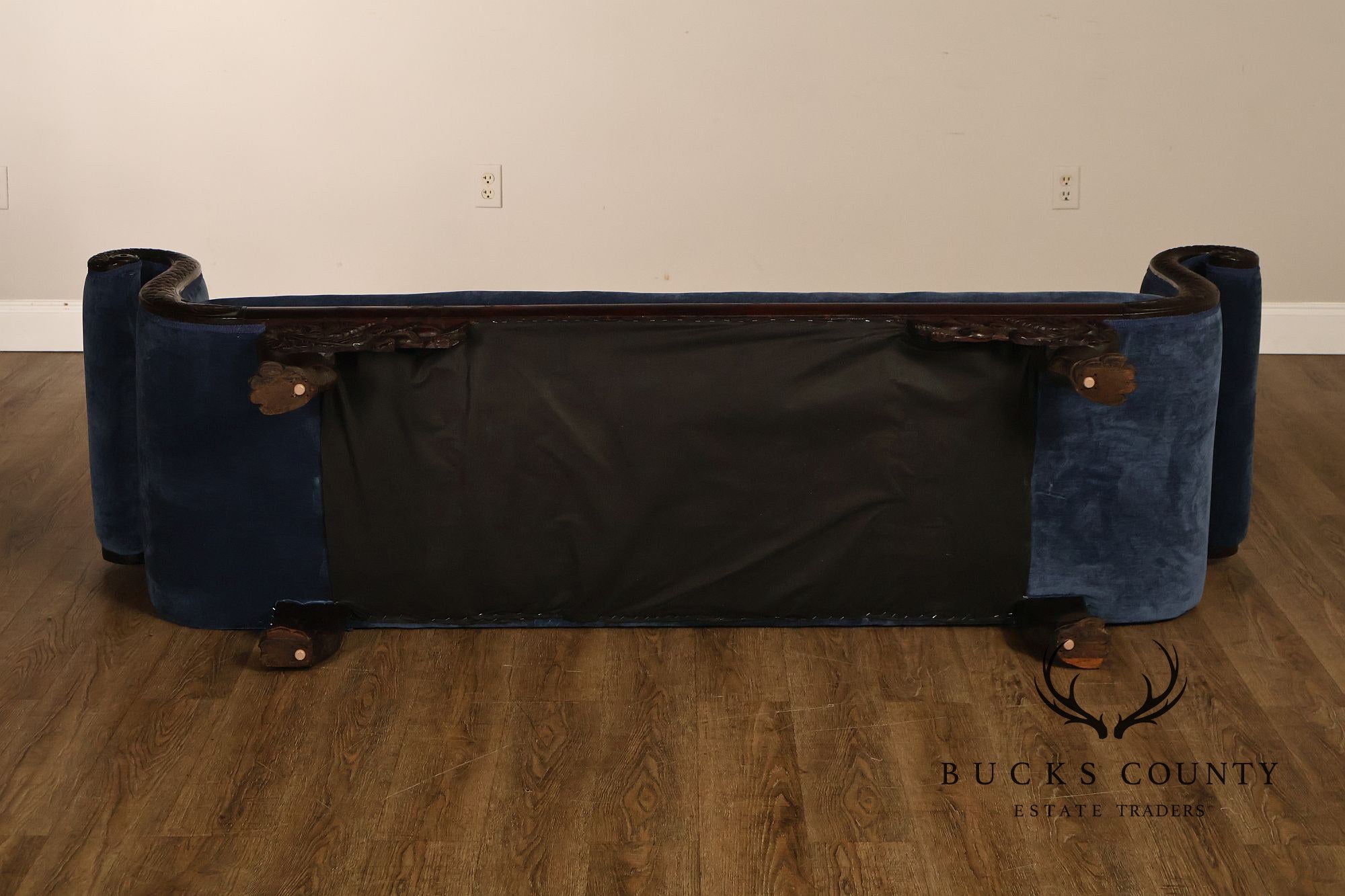 Antique American Empire Mahogany Carved Swan Arm Sofa With Blue Upholstery