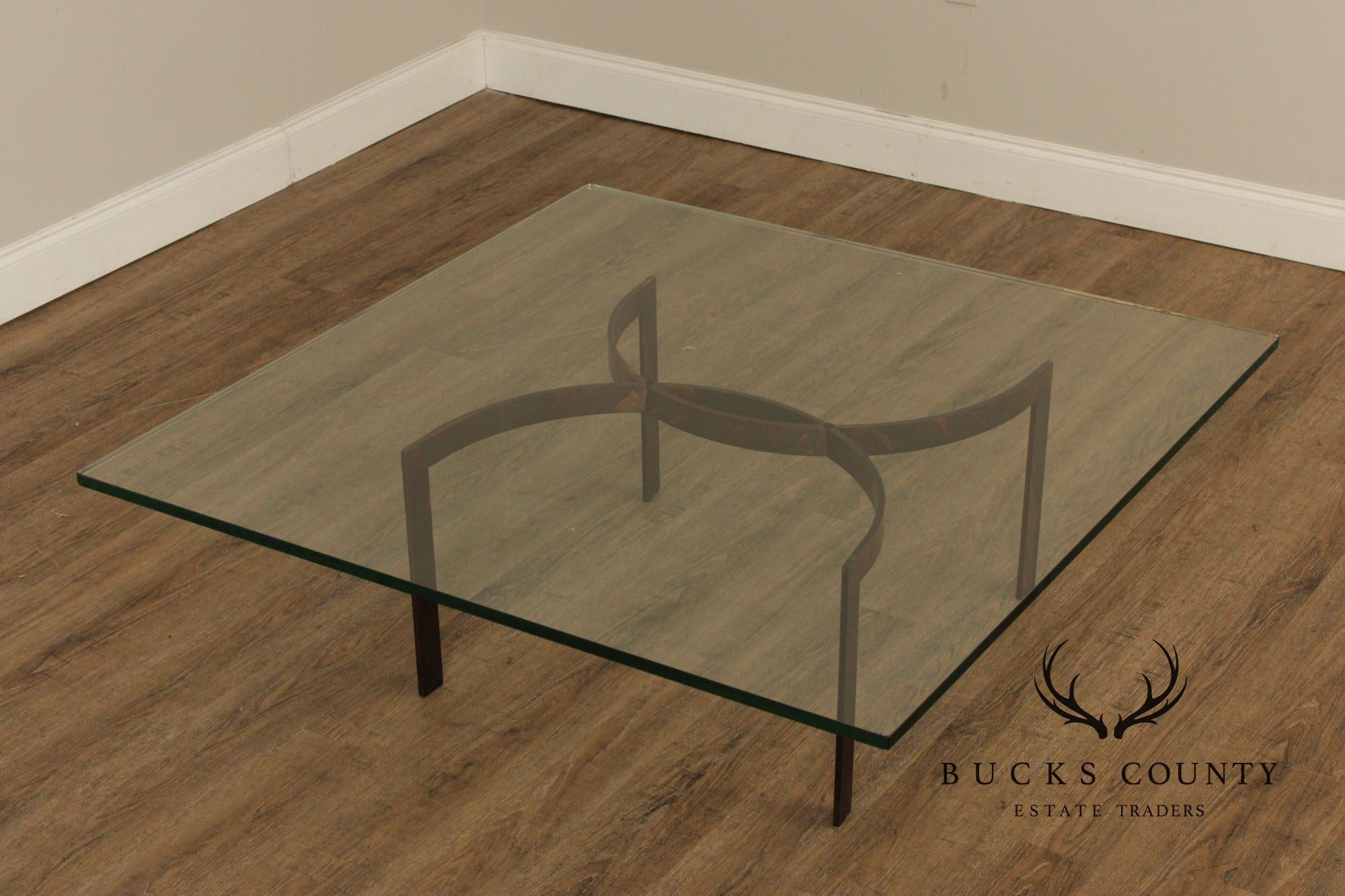 Brutalist Square Glass Top Steel Base Coffee Table