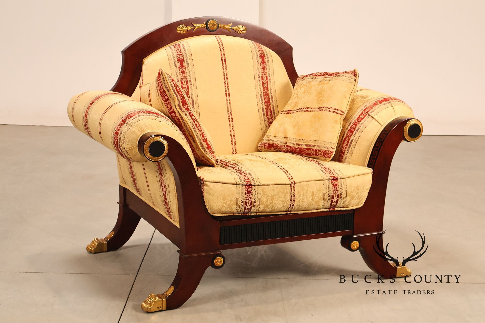 Empire Neoclassical Style Mahogany Upholstered Armchair With Gilt Bronze Accents
