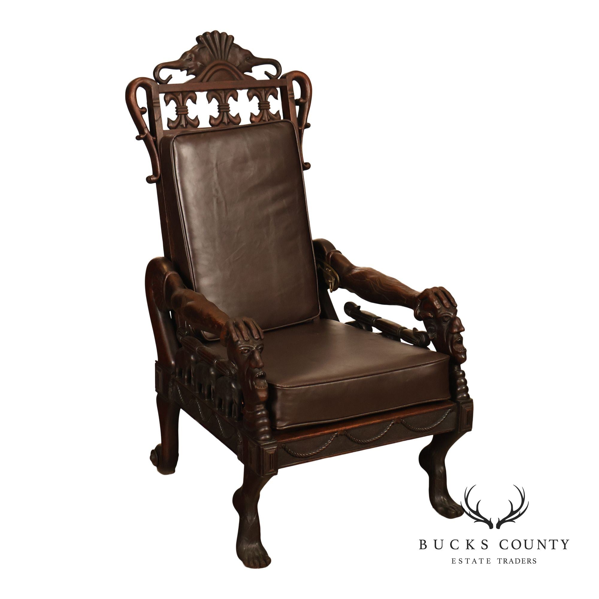 Exceptional 19th Century Anglo-Indian / Burmese Colonial Figural Carved Hardwood Throne Armchair