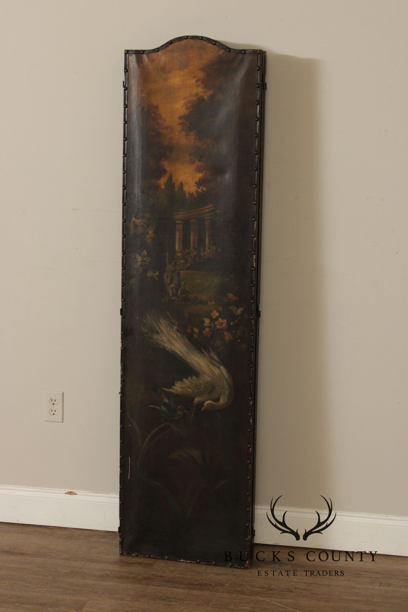 Antique Style 3-Panel Hand-Painted Oil On Canvas Floor Screen Room Divider With Floral Still Life, Birds & Garden Landscape