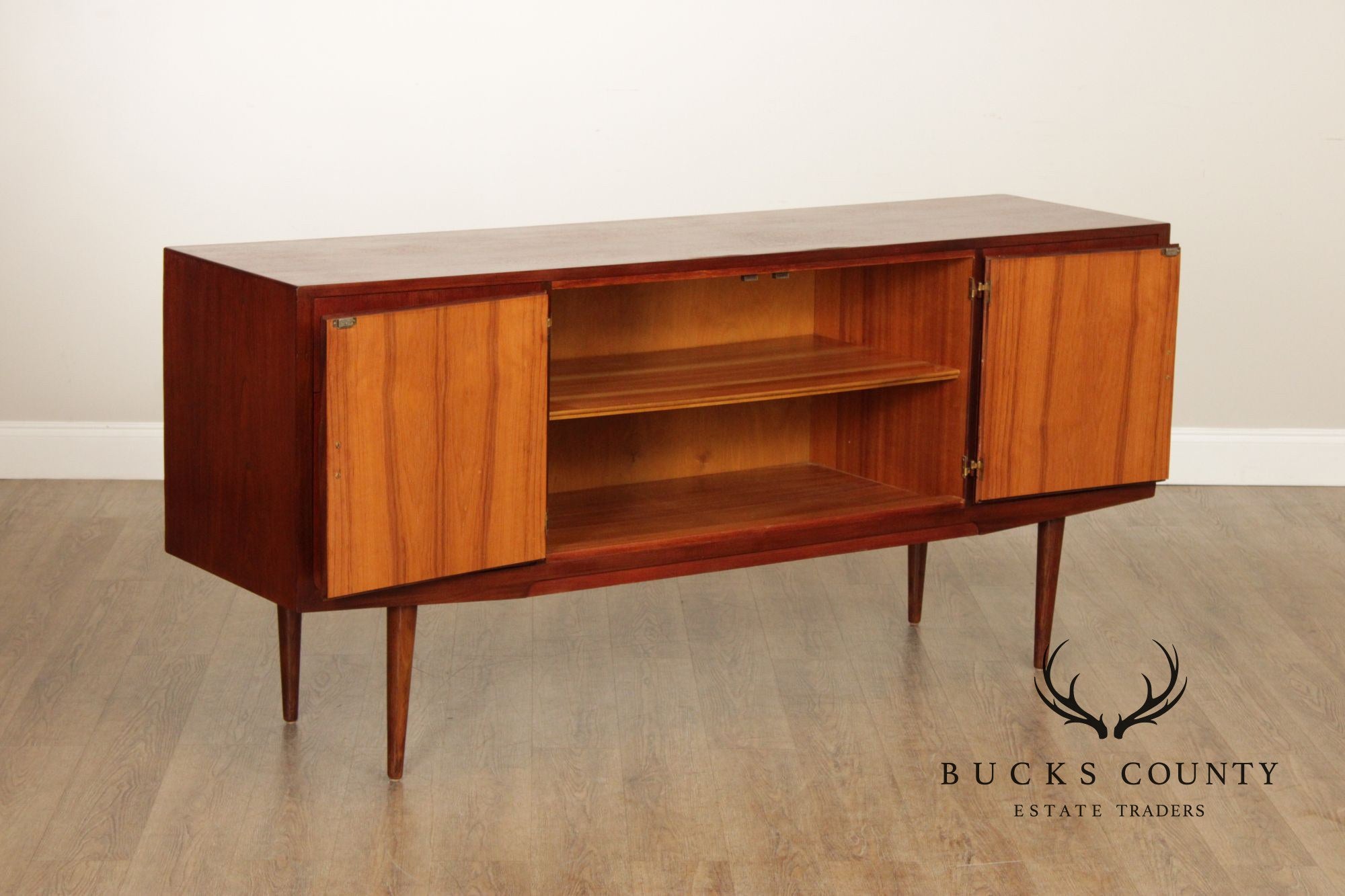 Mid-Century Danish Style Teak Credenza Sideboard With Inset Pulls