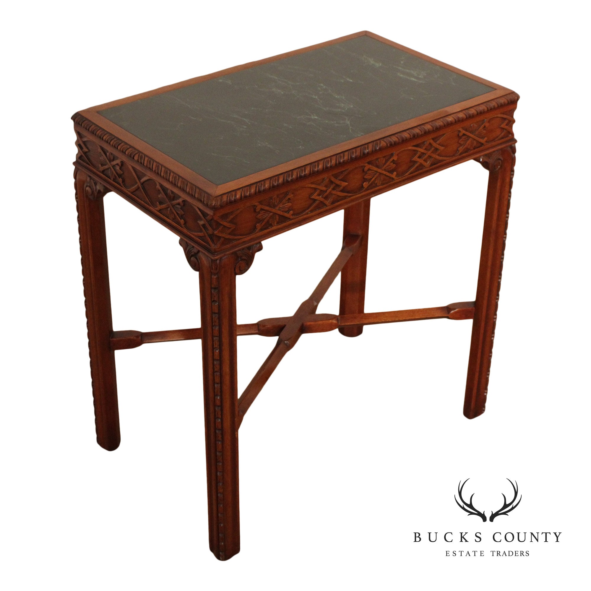 Chinese Chippendale Style Marble Top Mahogany Accent Table