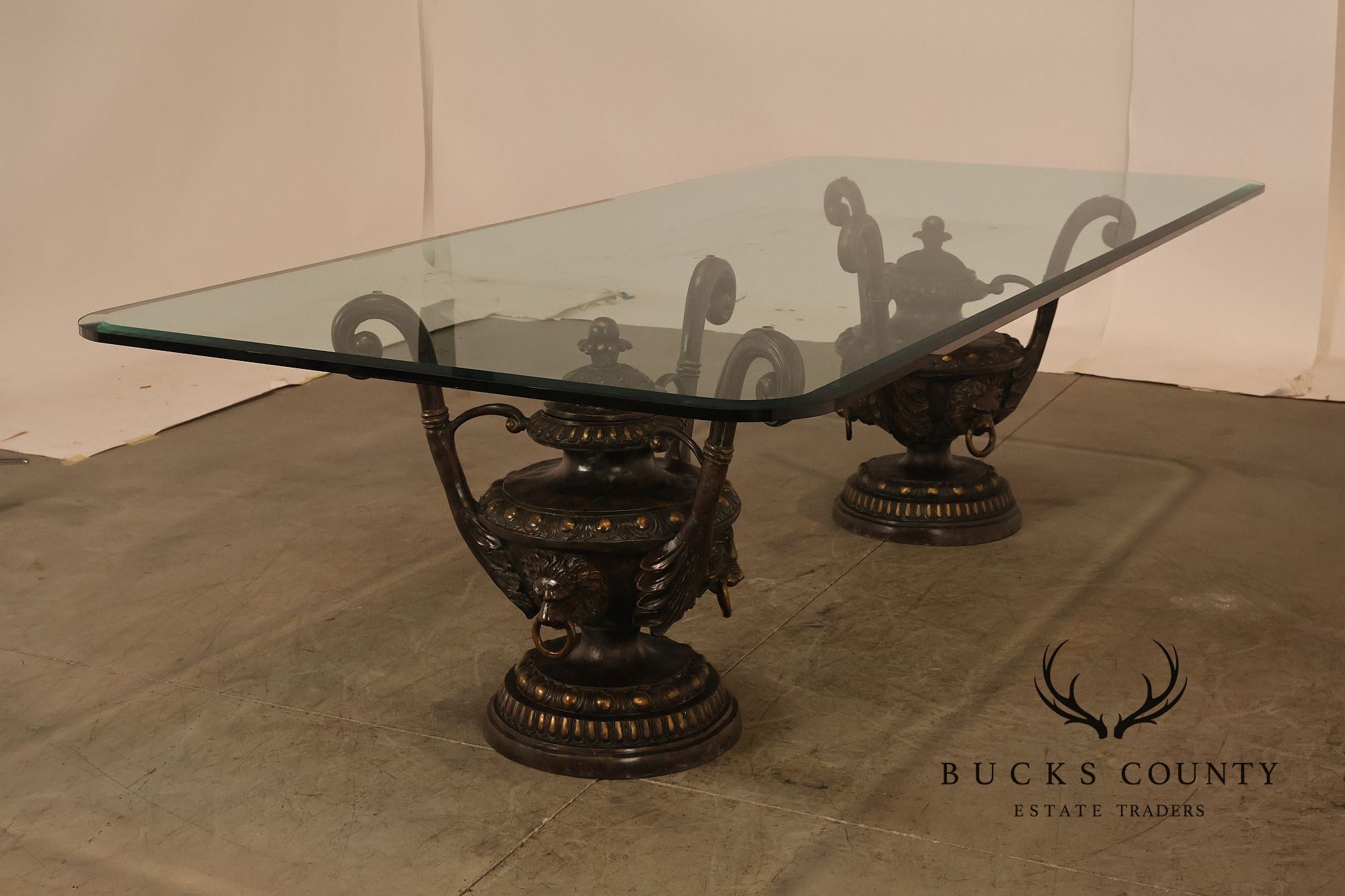 Monumental Brass Urn Form Double Pedestal Glass Top Dining Table