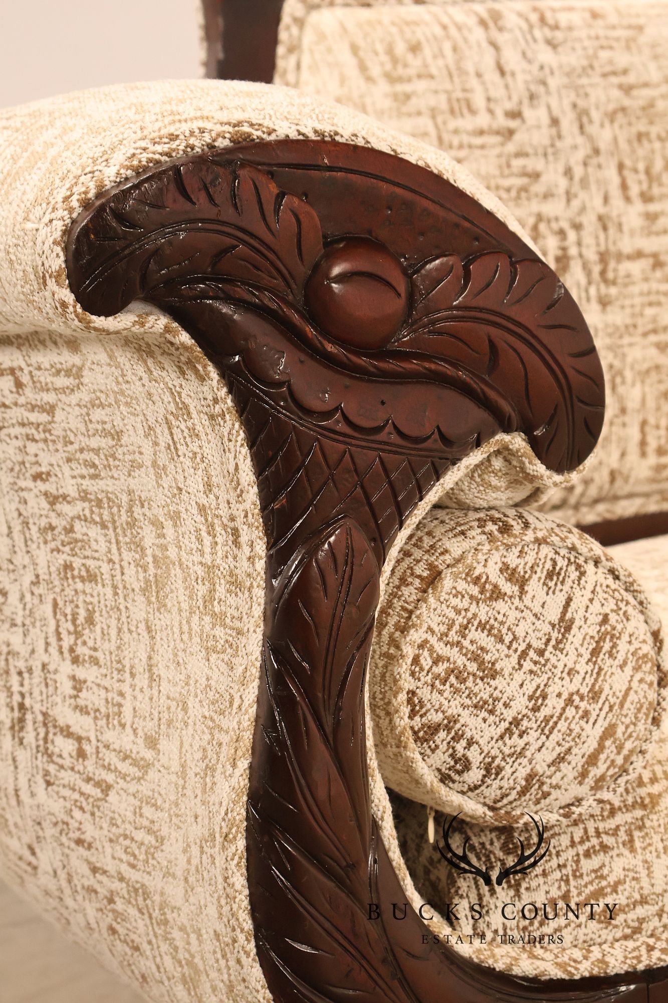 Antique American Upholstered Empire Style Carved Mahogany Sofa