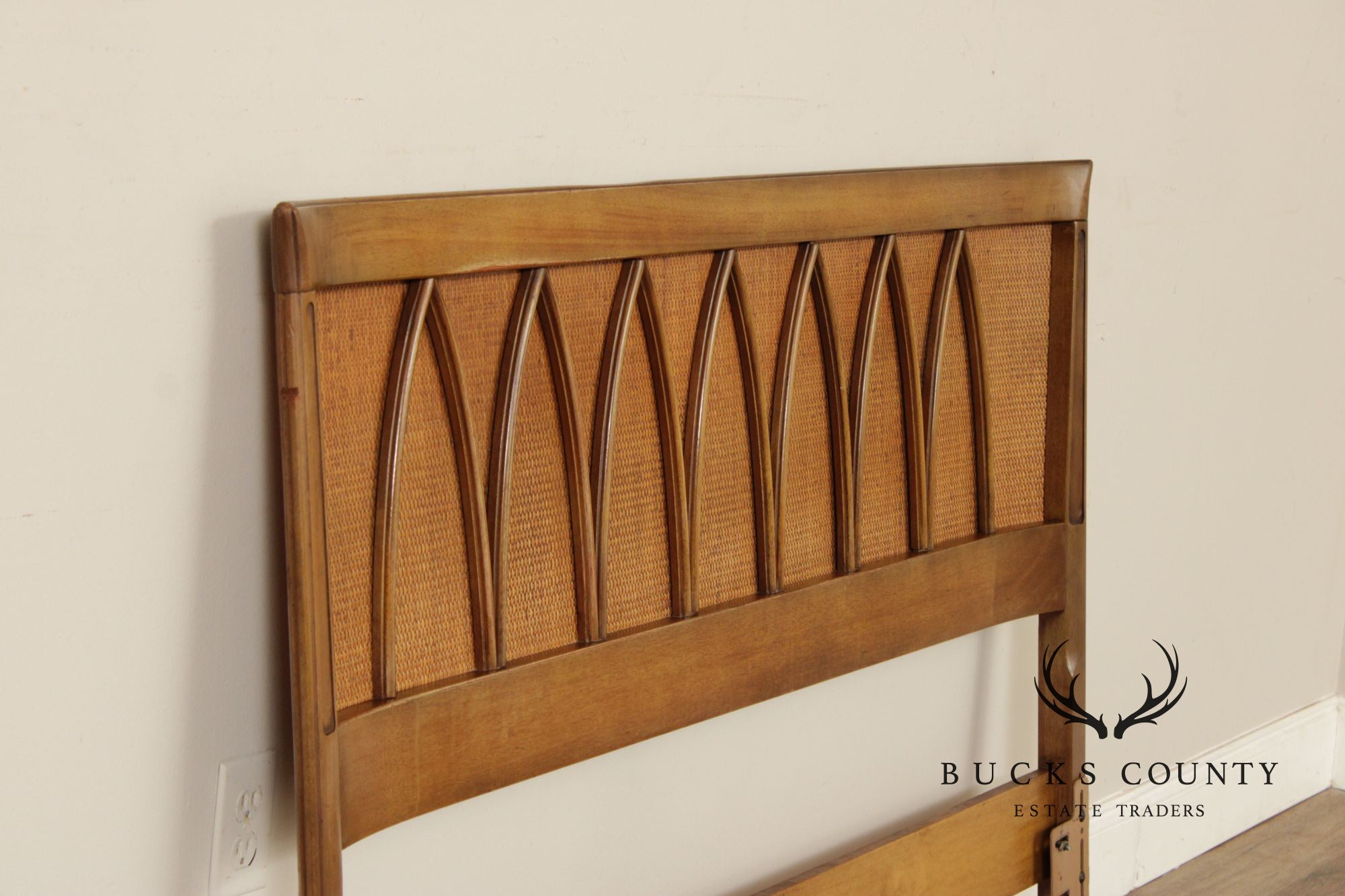 Mid Century Modern Walnut and Rattan Full-Size Headboard