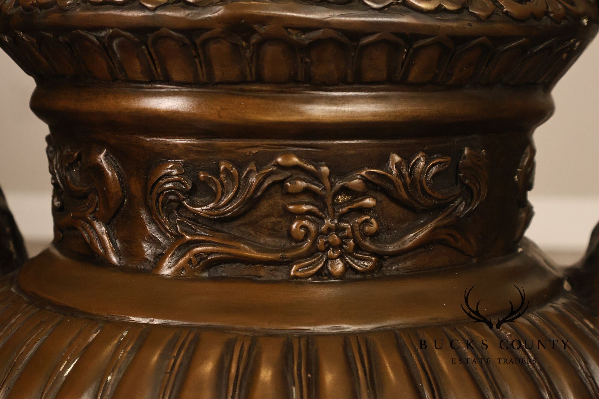 Neoclassical Style Large Pair Of Cast Bronze Covered Urns With Figural Relief