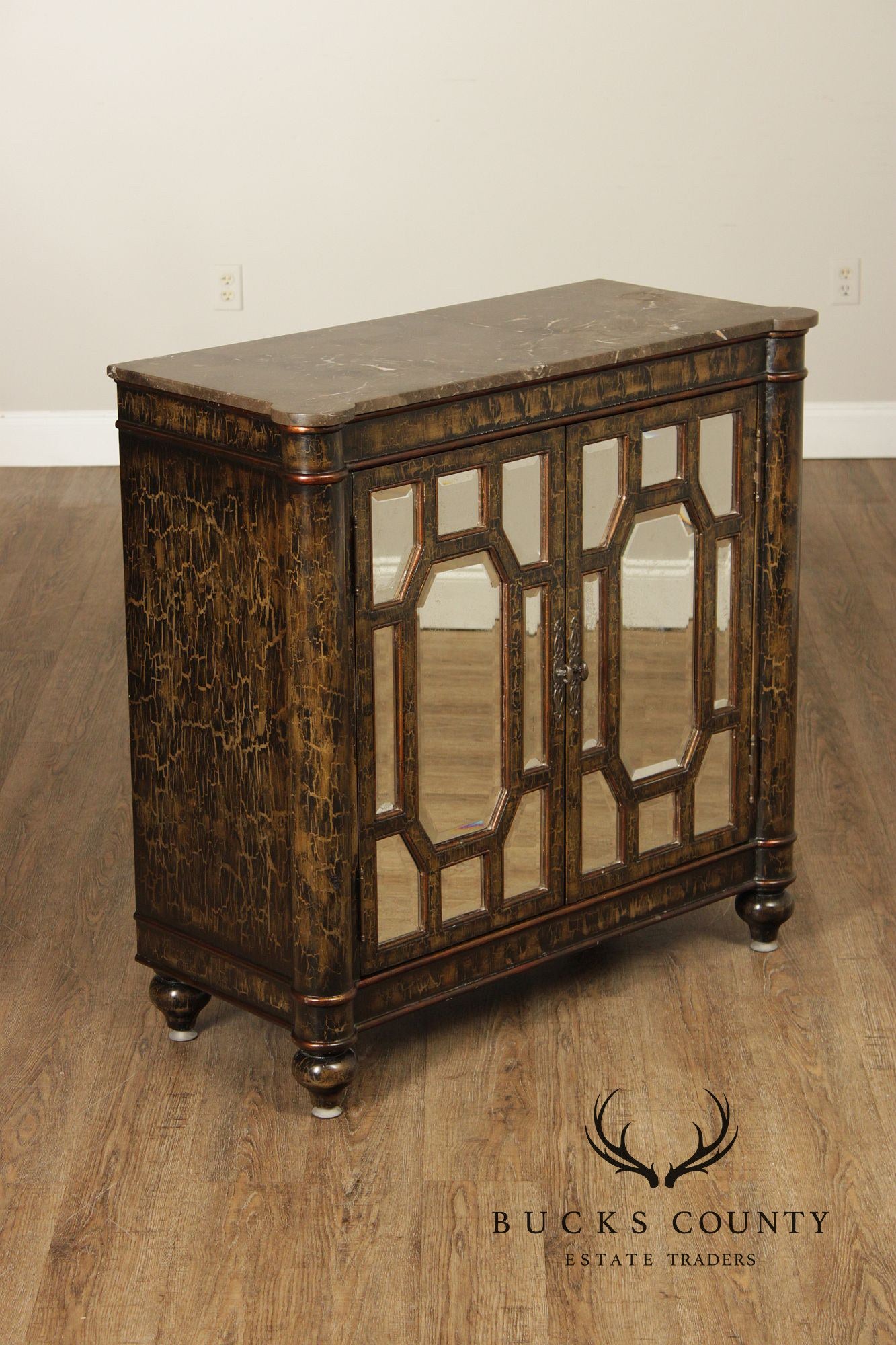 Hollywood Regency Style Pair Of Mirrored Cabinets With Marble Tops