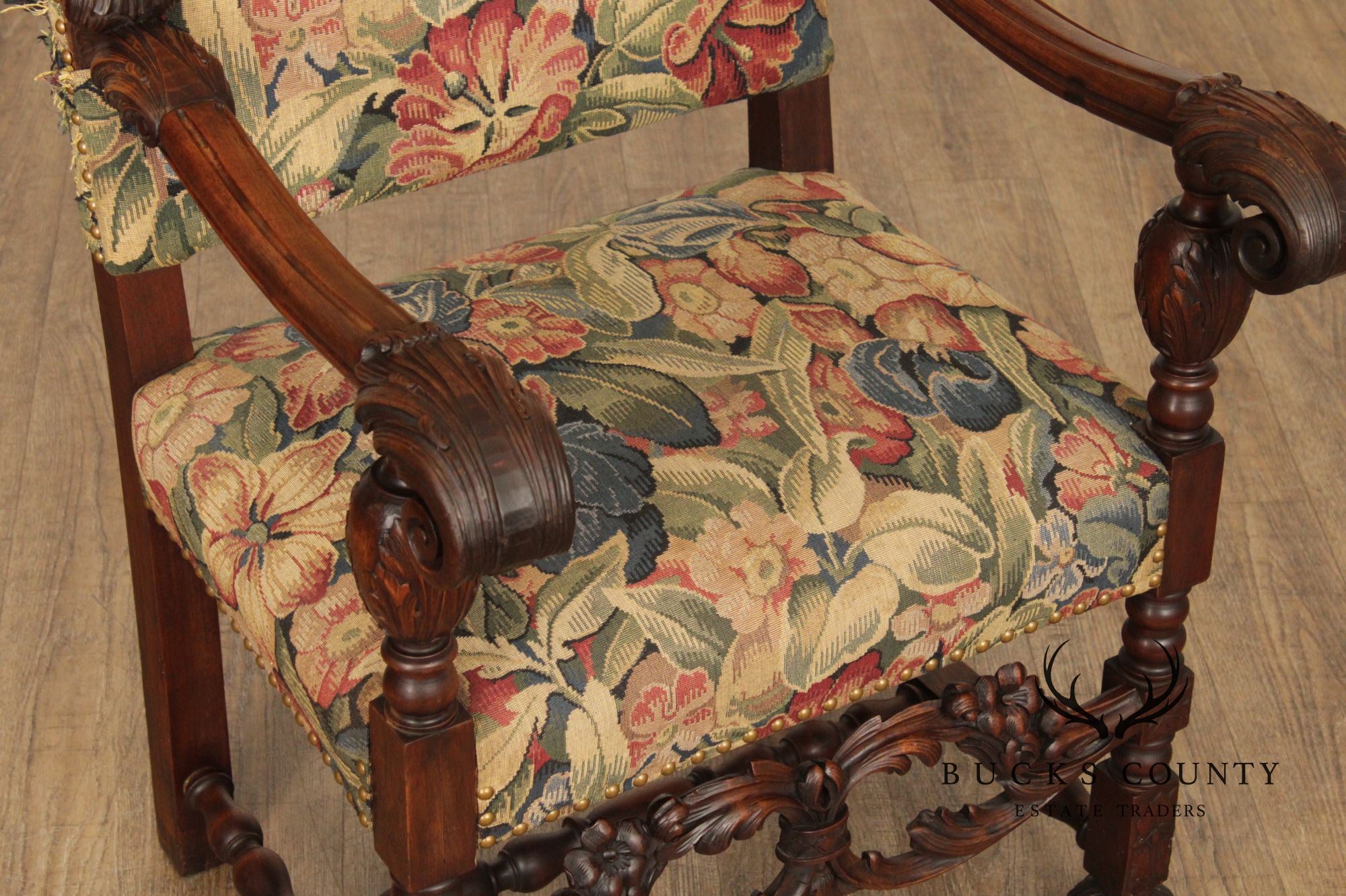 Antique French Baroque Style Carved Walnut Armchair