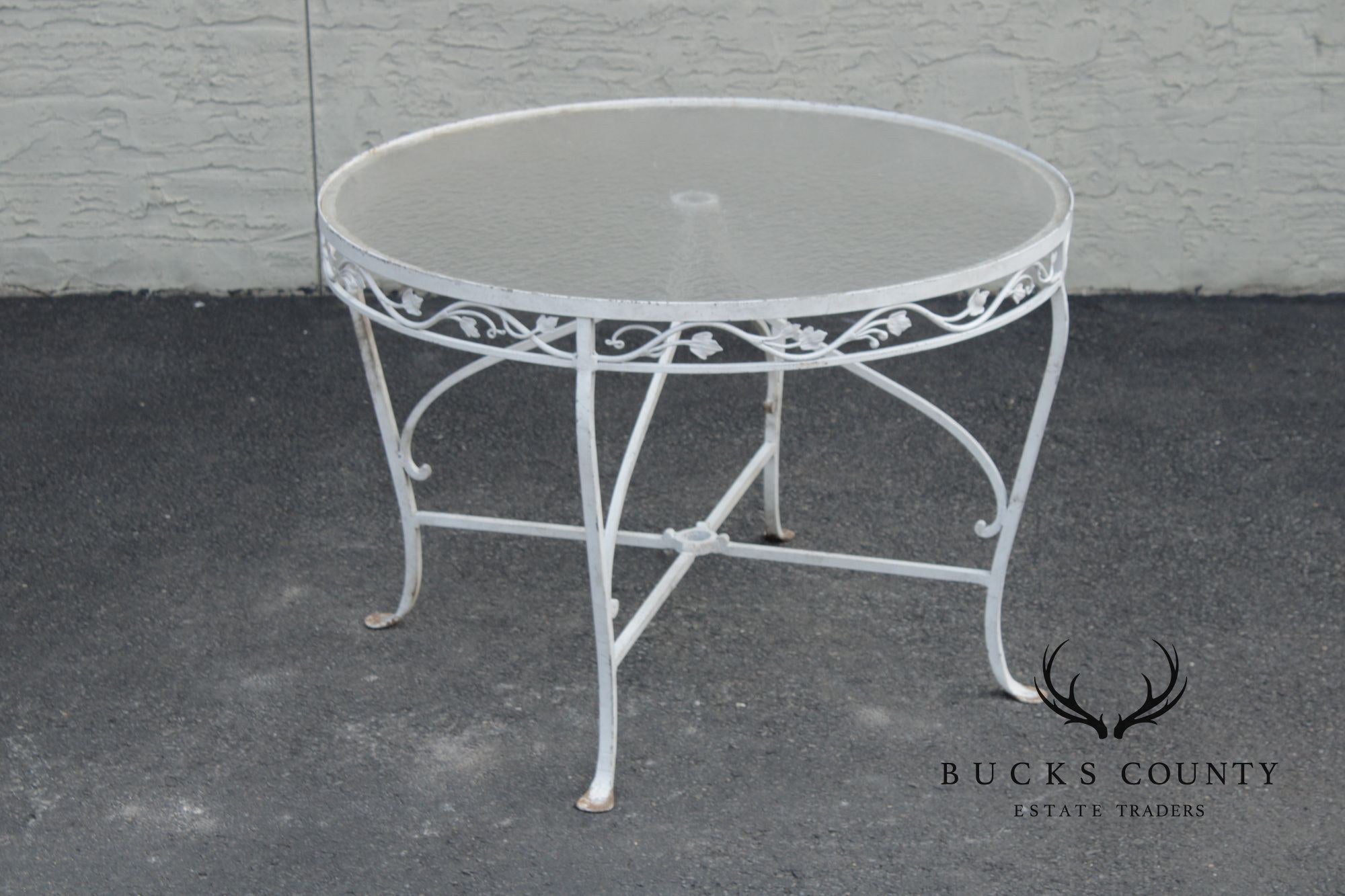 Vintage Round Glass Top Wrought Iron Outdoor Patio Dining Table