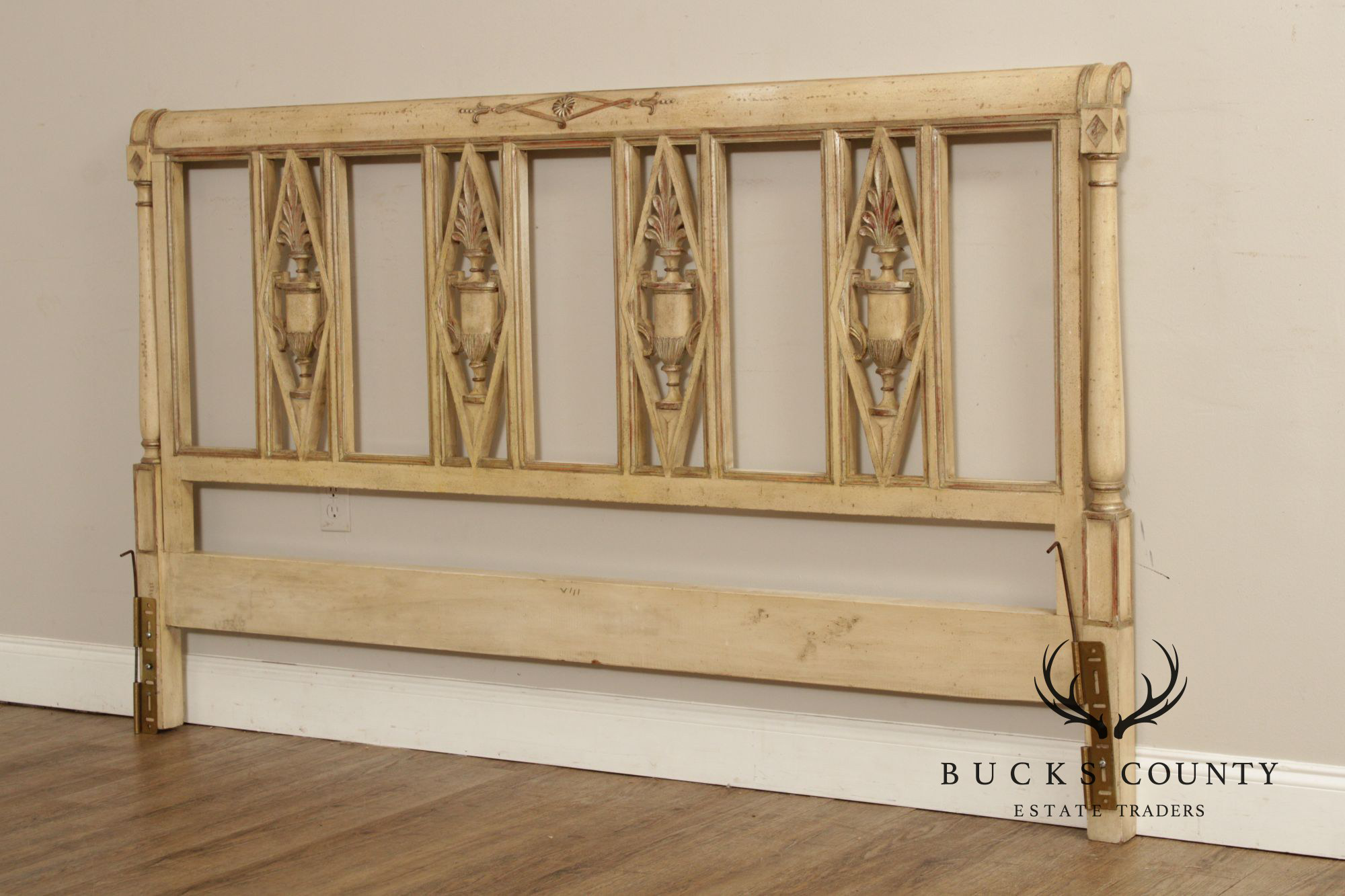 French Neoclassical Directoire Style Distress Painted King Headboard