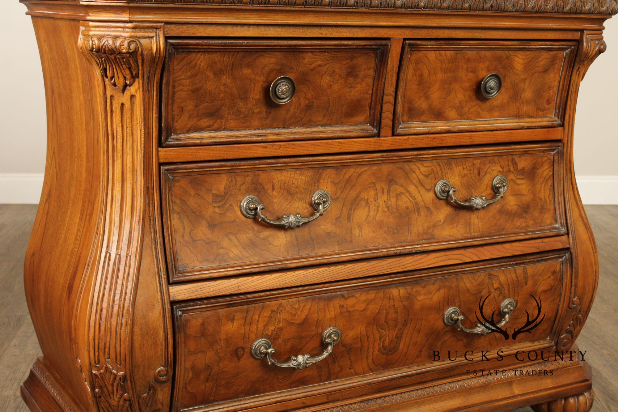Lane Italian Provincial Style Pair of Burl Wood Bombe Chests