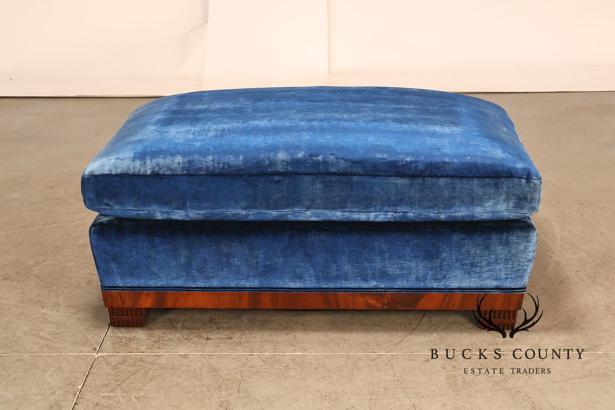 Art Deco Style Large Custom Blue Velvet and Mahogany Ottoman