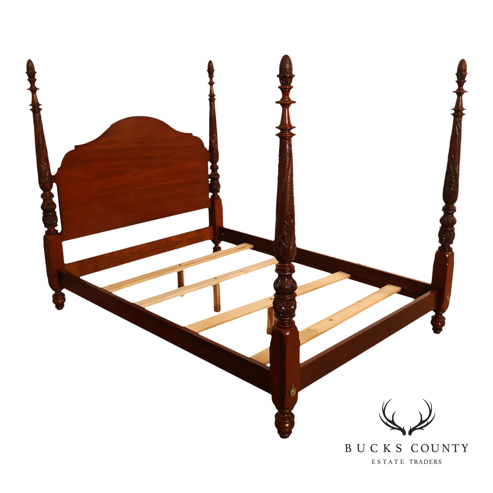 Carved Mahogany Four-Poster Queen Bed Frame