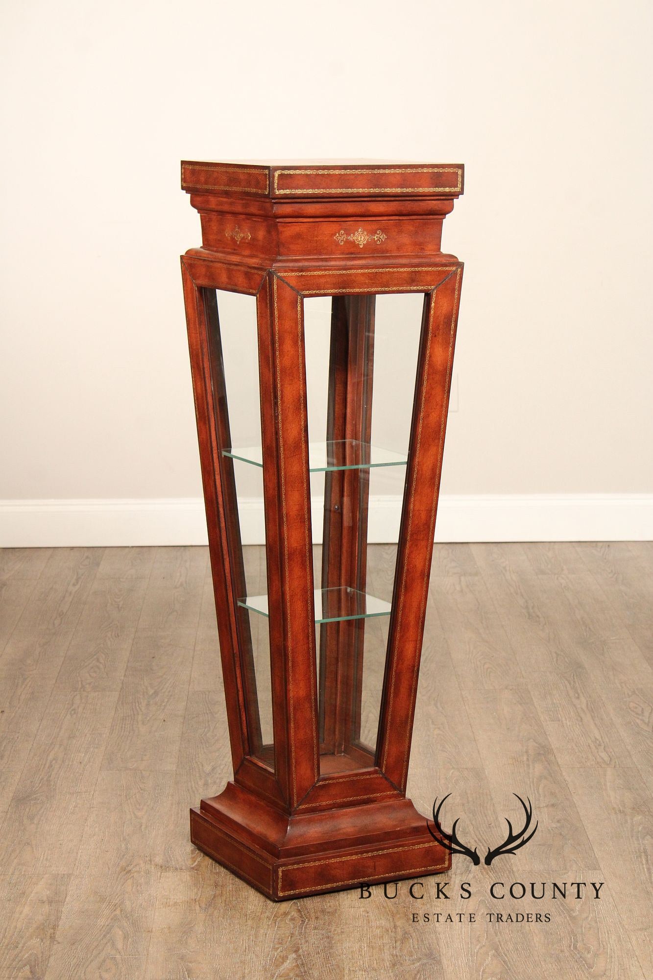 Maitland Smith Leather Wrapped Pedestal Display Cabinet