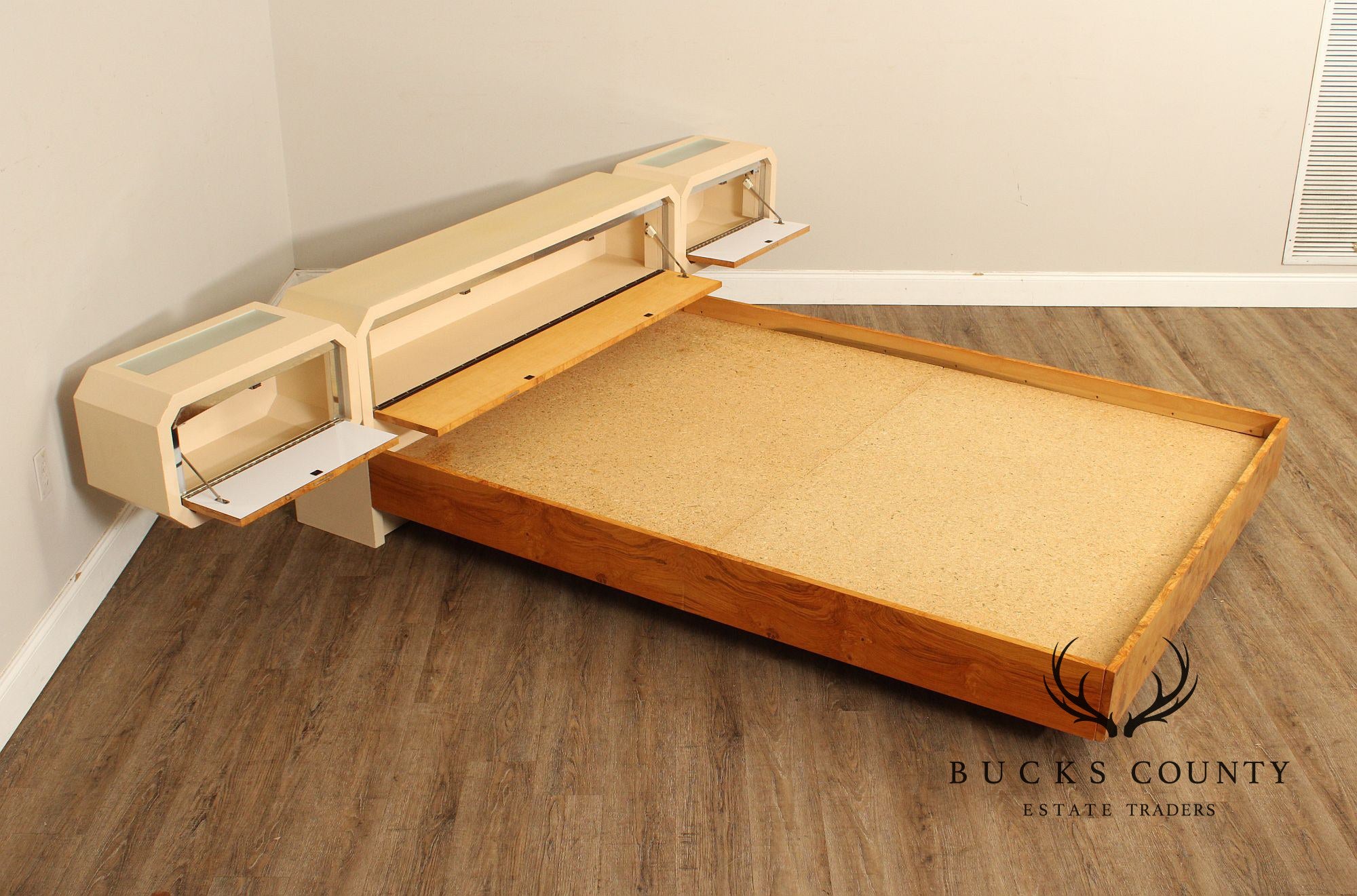 Pace Collection Mid Century Modern Burlwood Queen Size Platform Bed With Floating Headboard And Nightstands