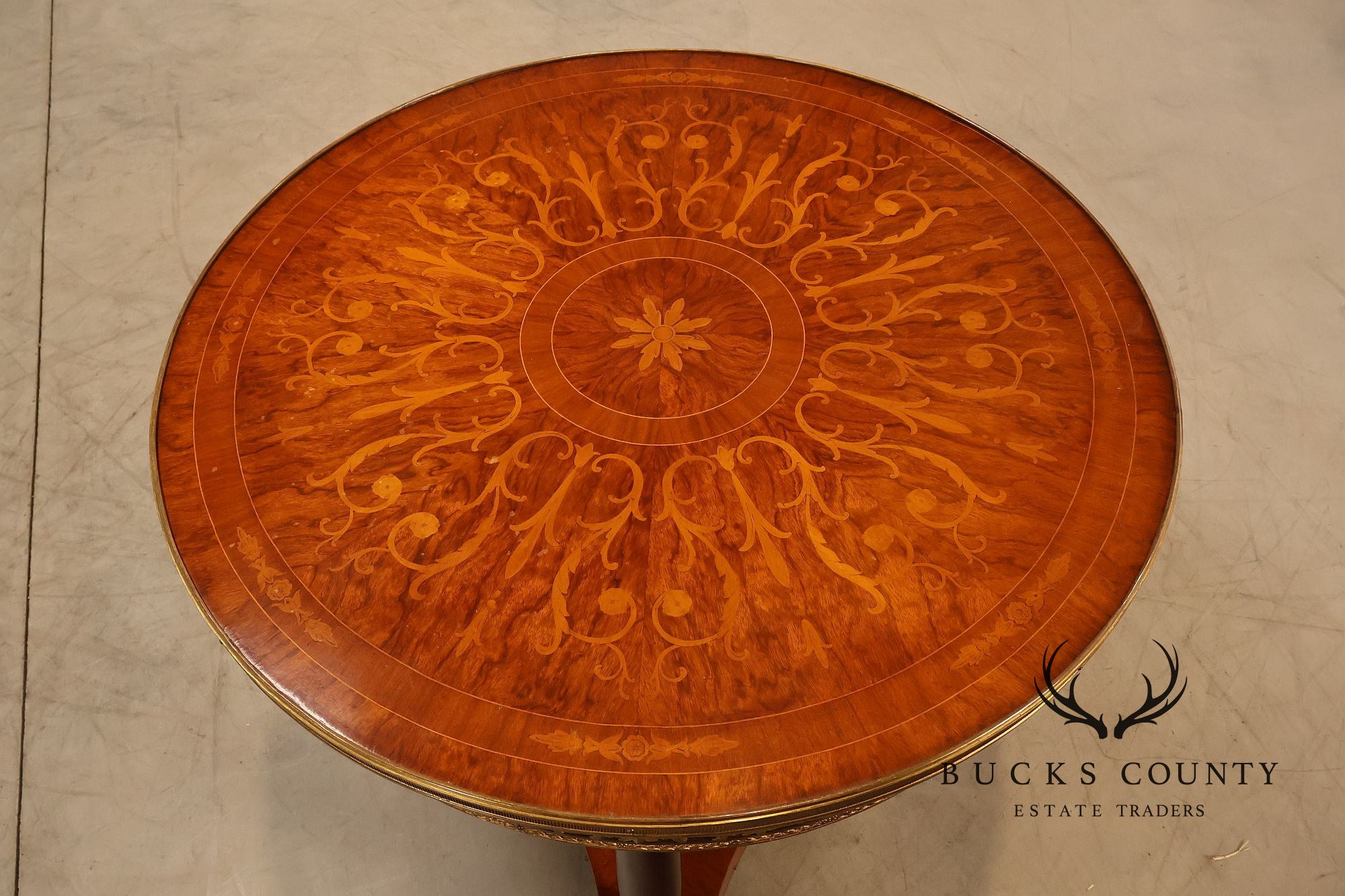 Empire Style Ormolu Mounted Round Marquetry Inlaid Cocktail Table