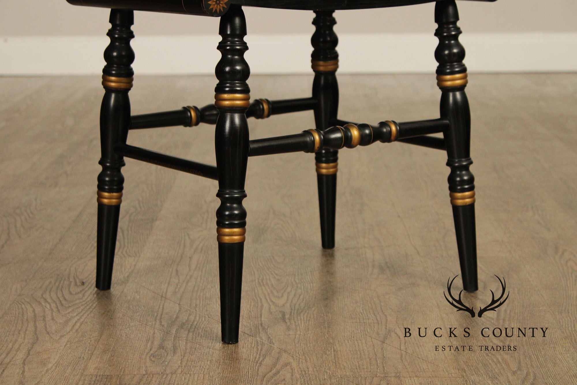 Pair Of L. Hitchcock Black And Gold Hand Stenciled Caned Benches