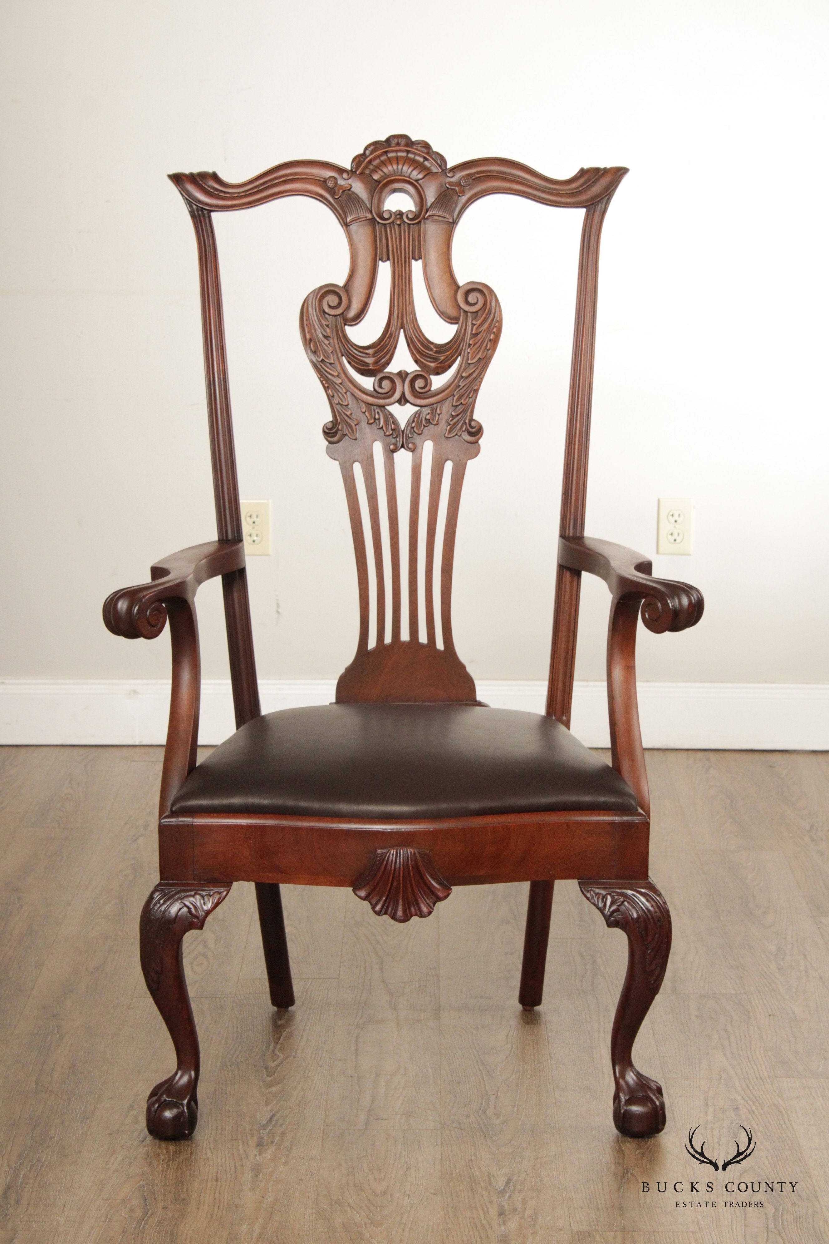 Custom Quality Vintage Chippendale Style Mahogany High-Back Armchair