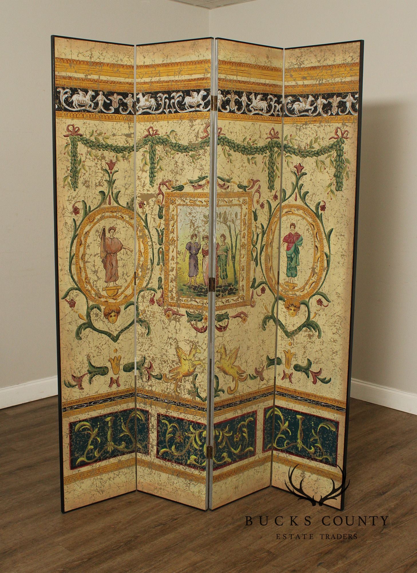 Italian Neoclassical Style Painted Four-Panel Folding Screen
