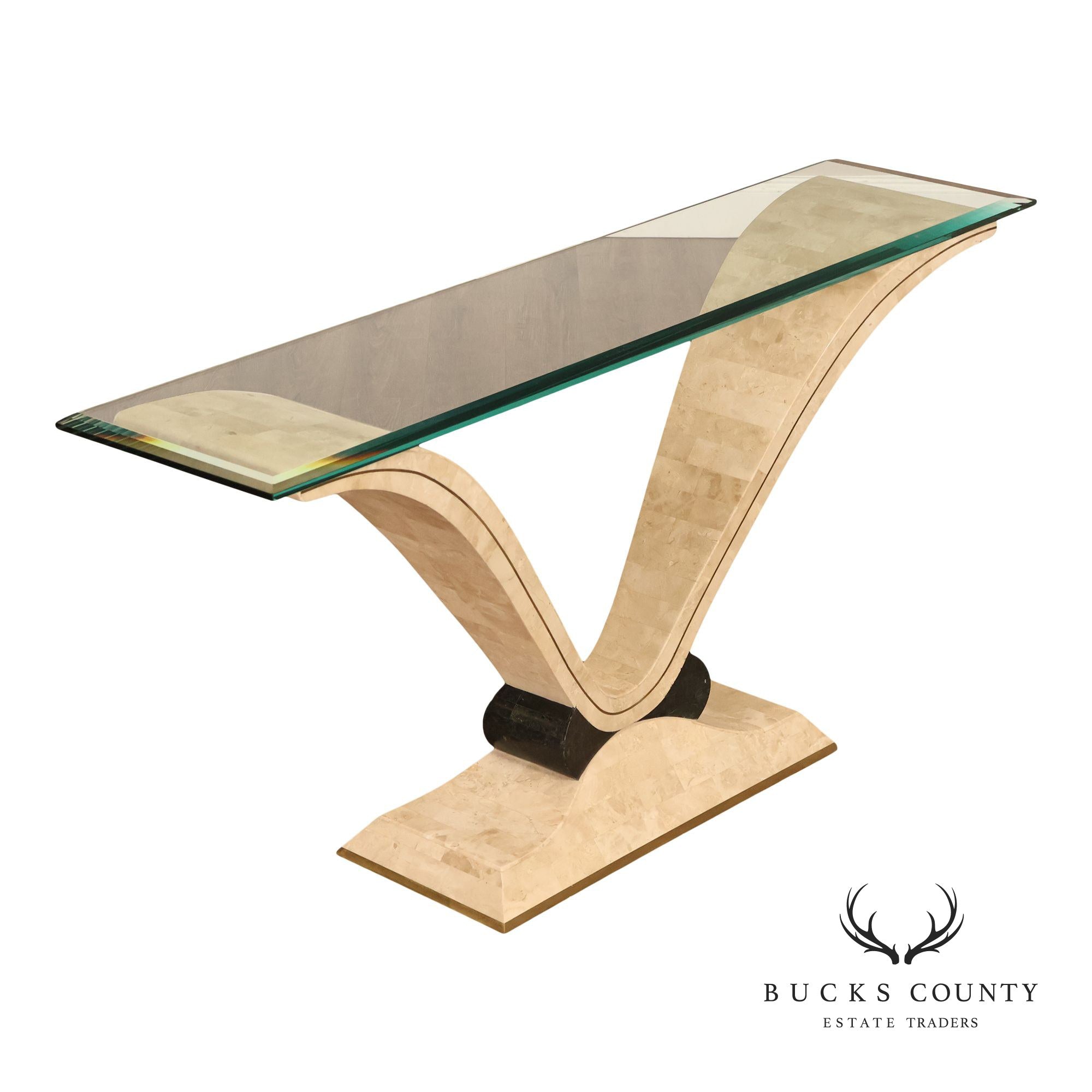 Postmodern Glass Top Travertine Console Table