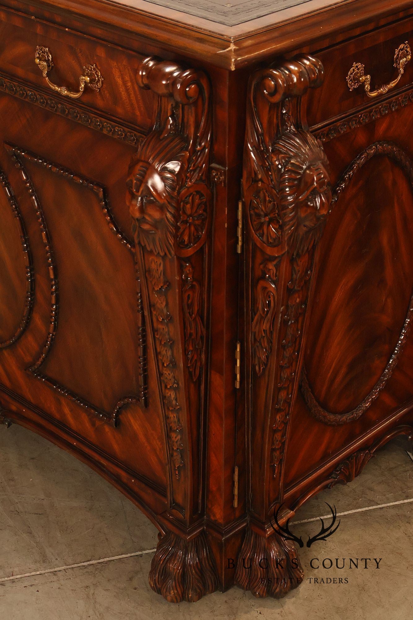 Maitland-Smith Carved Mahogany Leather Top Executive Partner's Desk