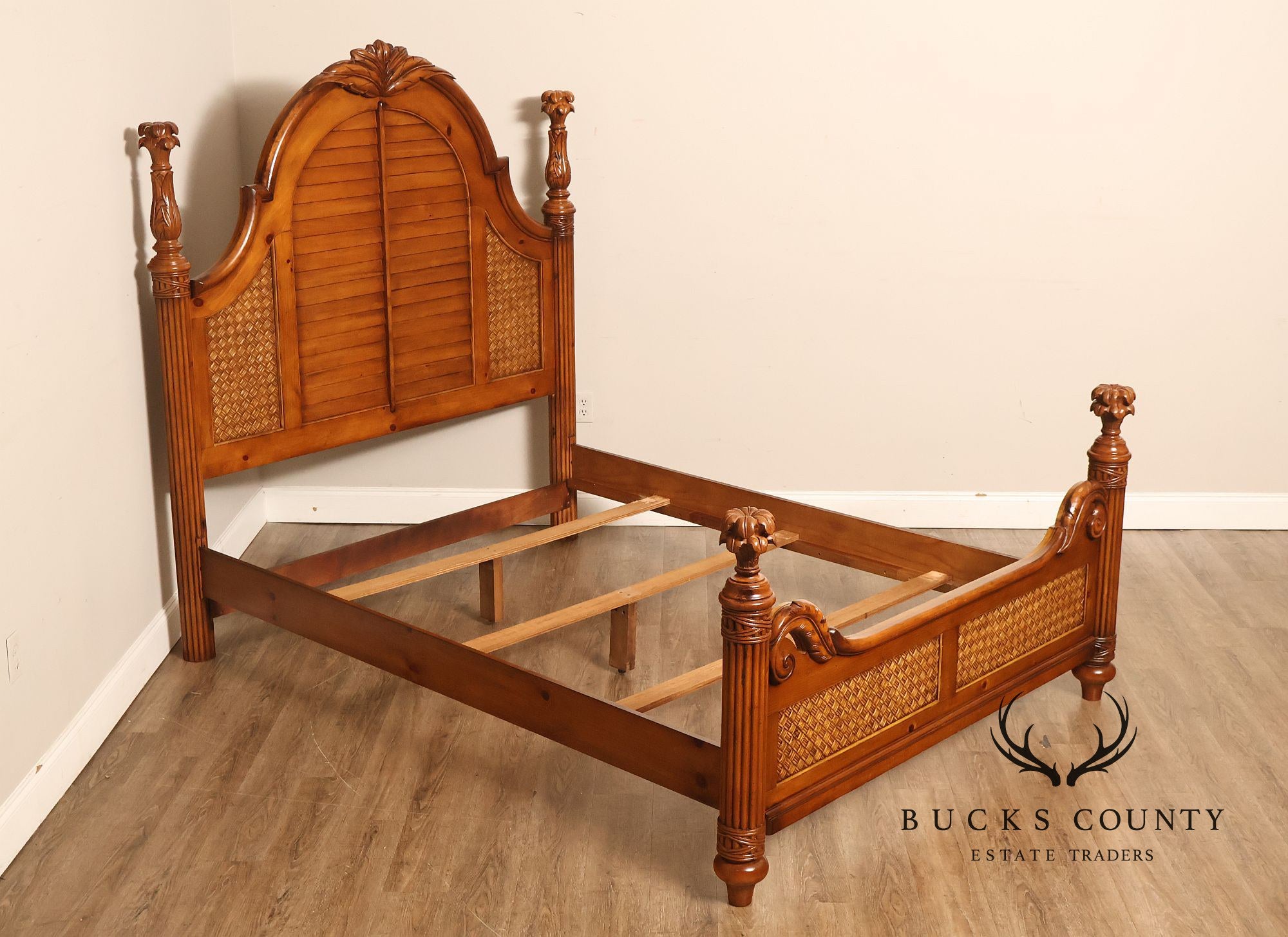 Tropical British Colonial Style Carved Wood Queen Poster Bed