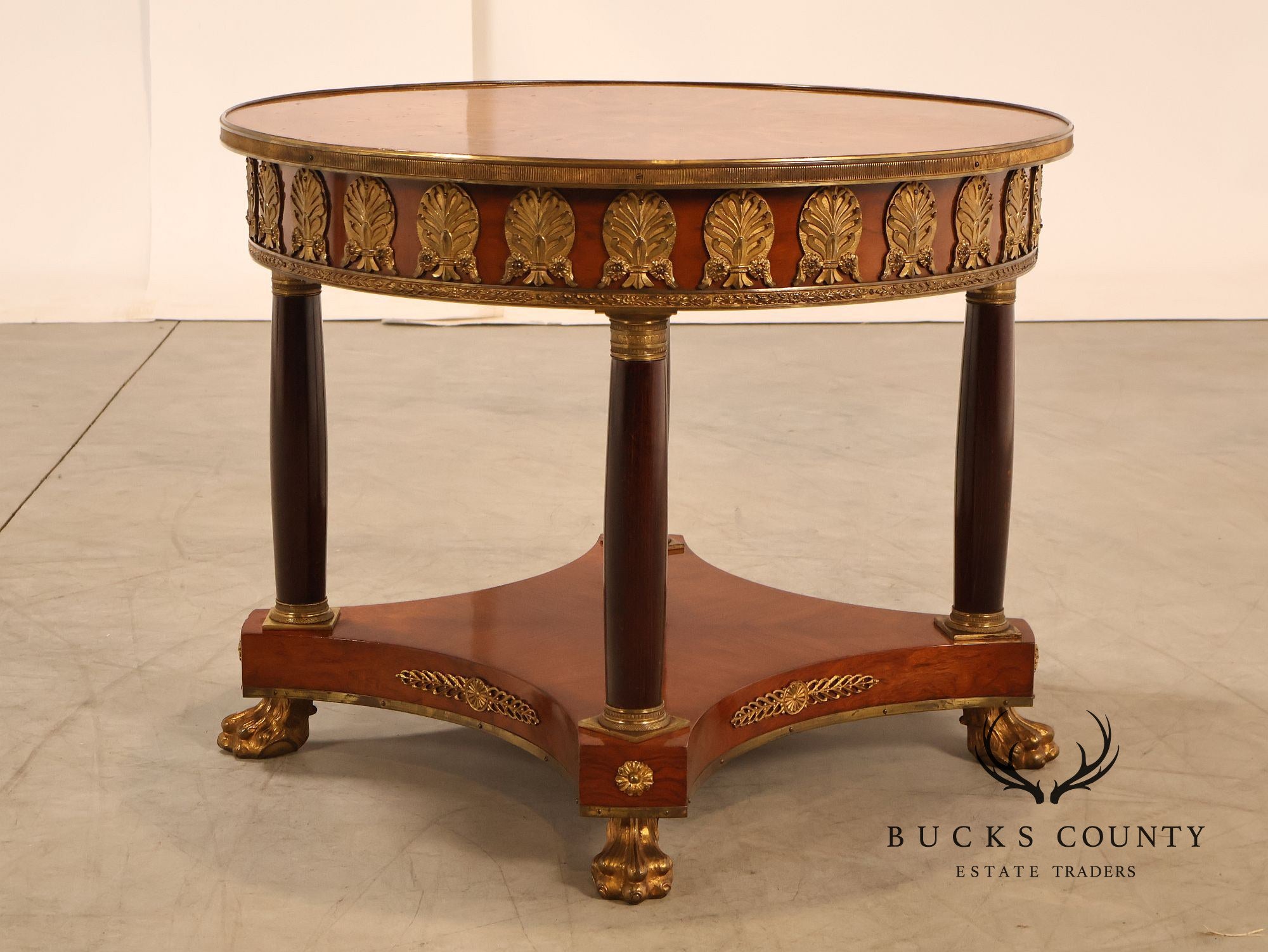 Empire Style Ormolu Mounted Round Marquetry Inlaid Cocktail Table