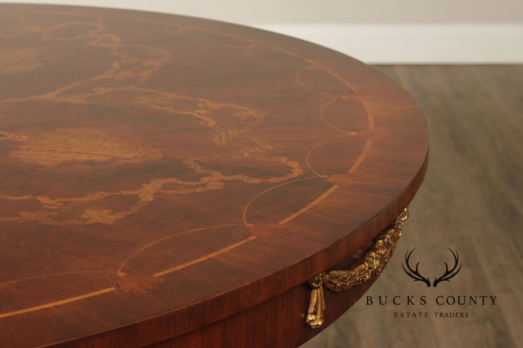 Maitland-Smith Round Inlaid Mahogany Round Center Table With Gilt Accents