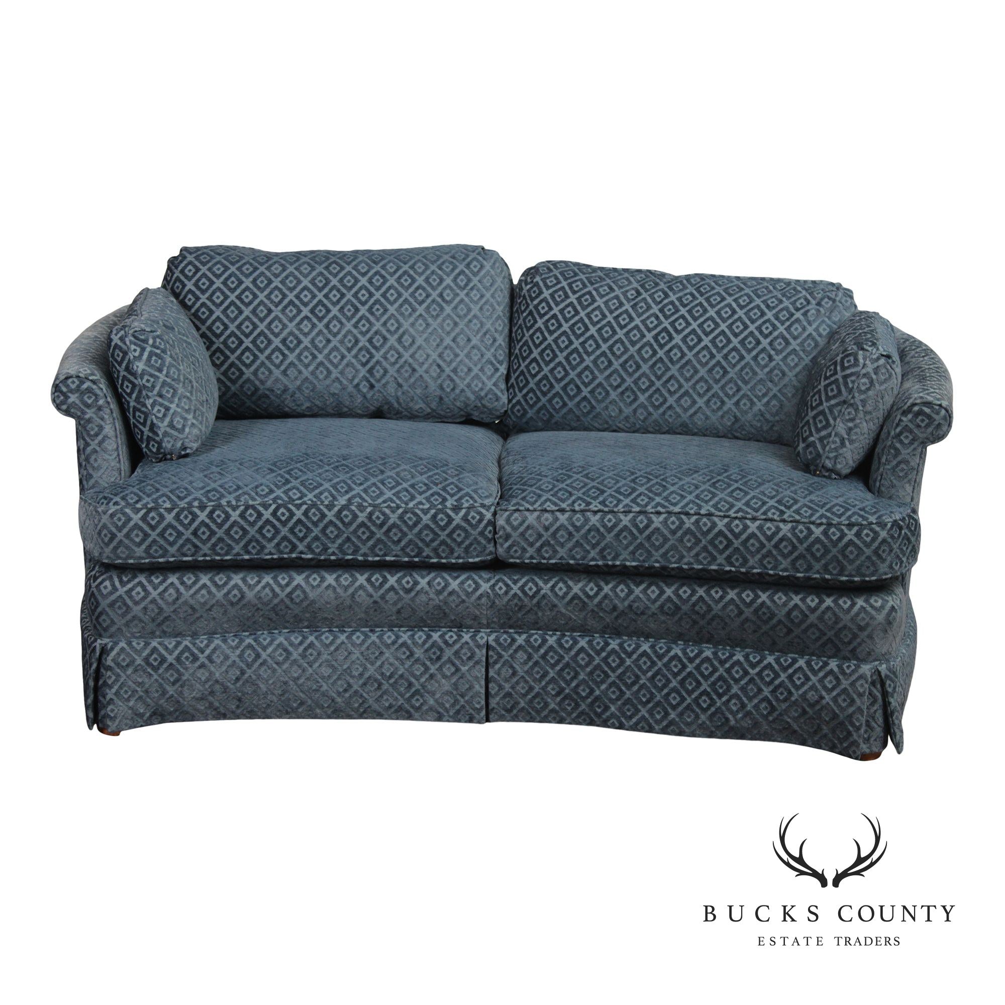Custom Upholstered Blue Diamond Pattern Curved Loveseat