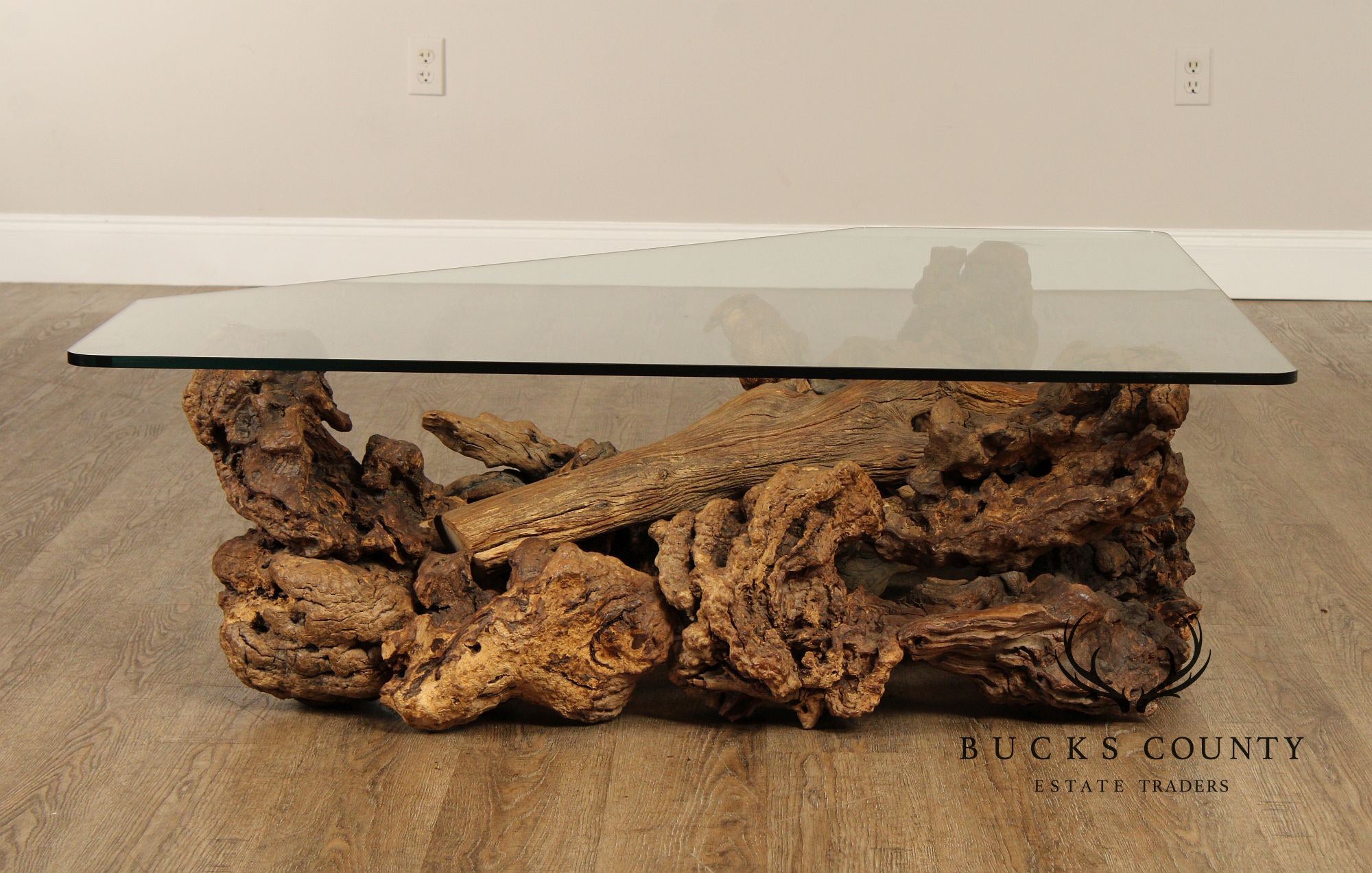Mid Century Modern Root Burlwood and Glass Top Coffee Table