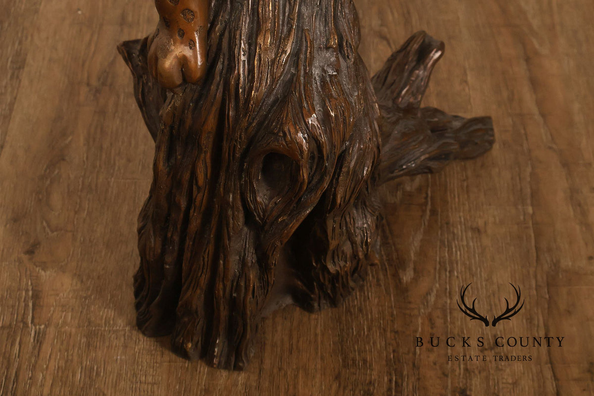 Large Bronze Leopard Sculpture On Tree Stump Base