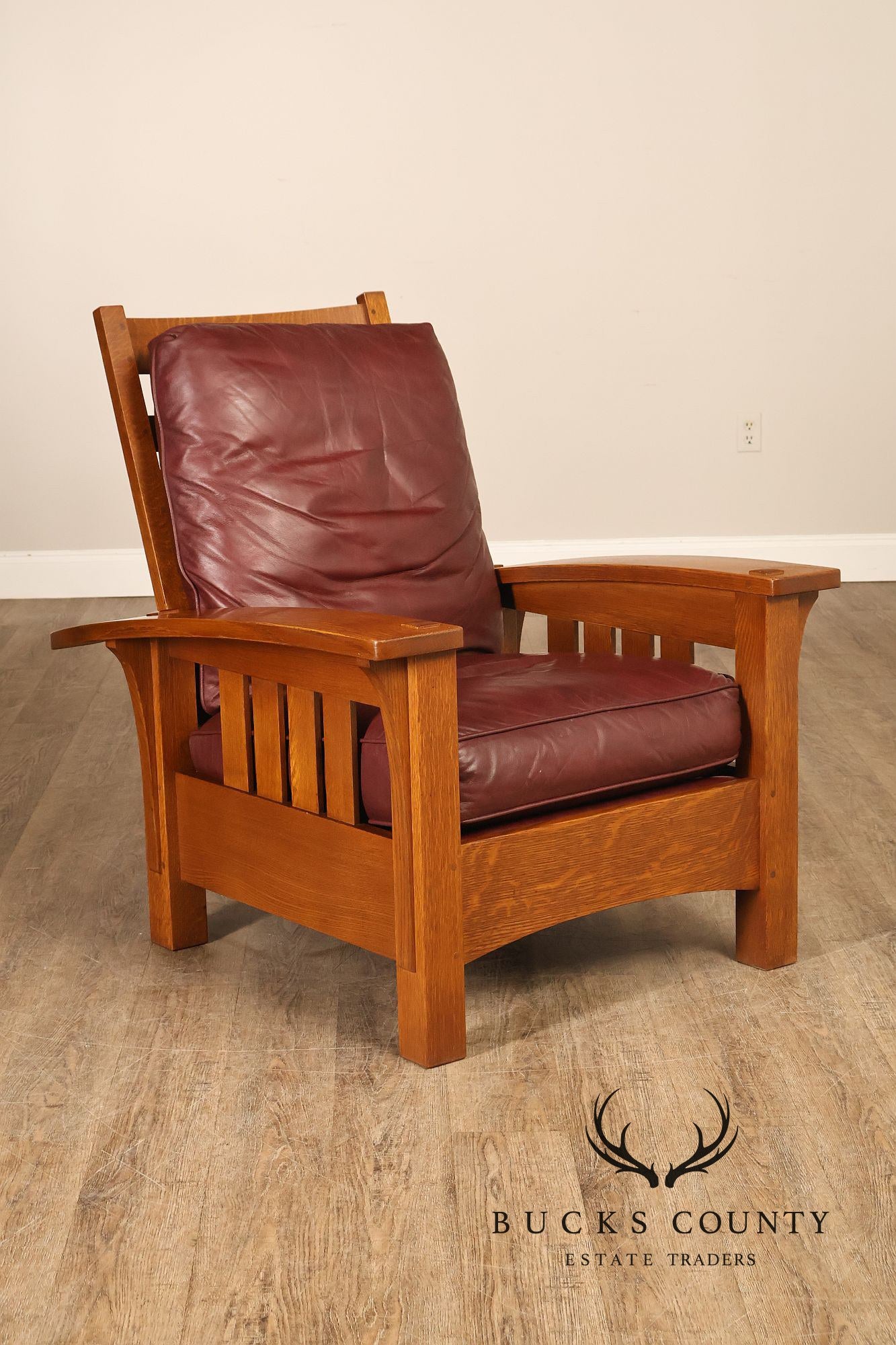Stickley Mission Collection Oak And Leather Bow Arm Morris Chair