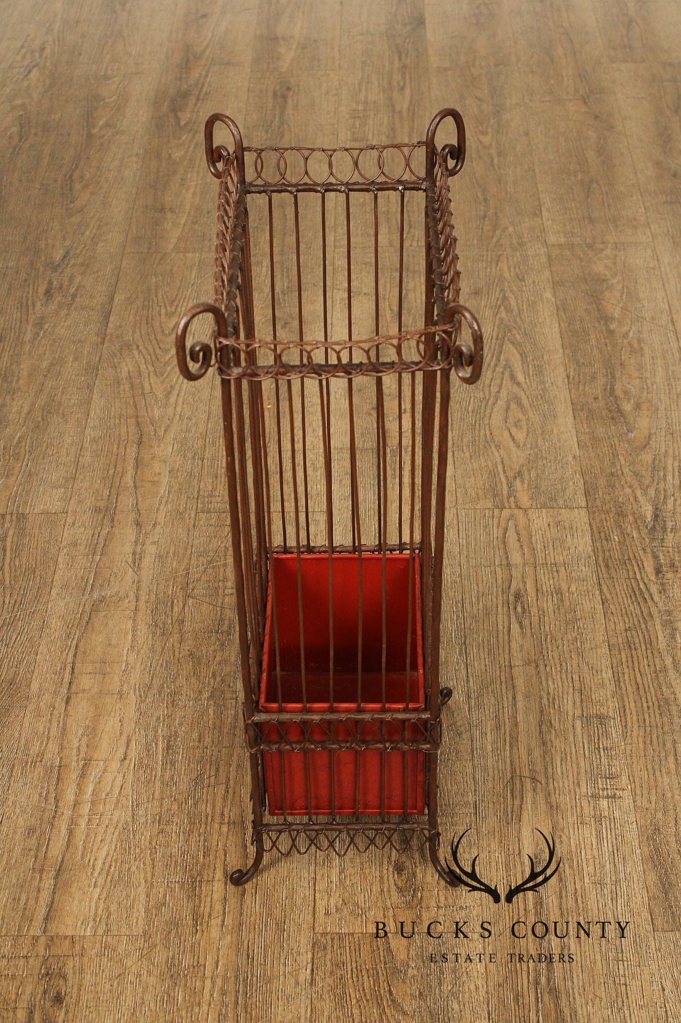 Vintage Wrought Iron Umbrella Stand with Red Liner