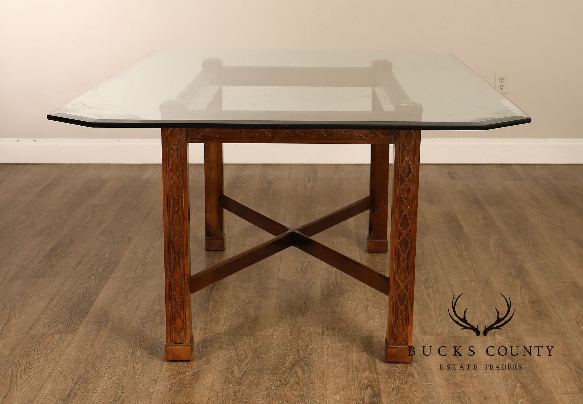 Chinese Chippendale Style Glass Top Mahogany Dining Table