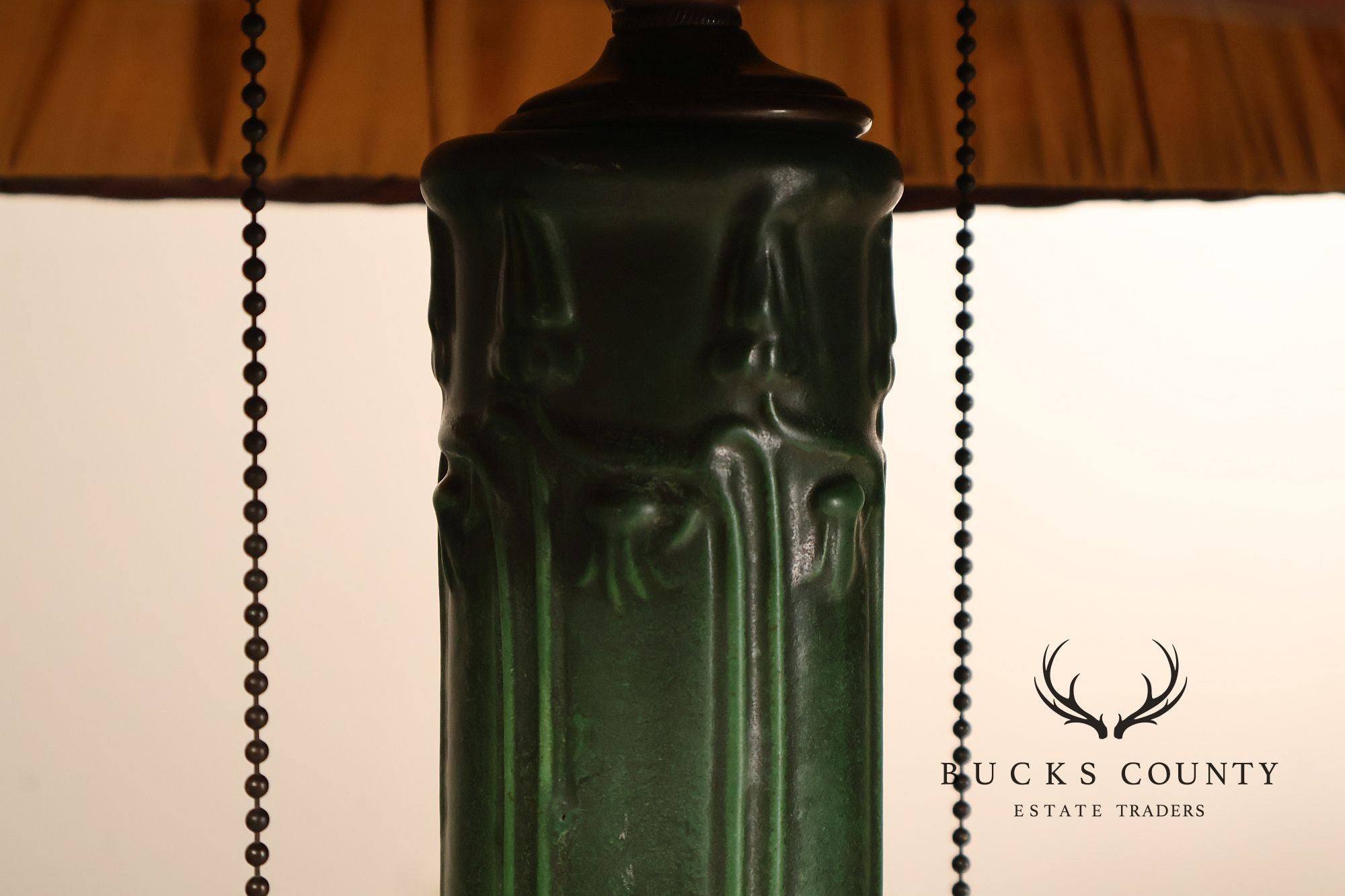 Weller Pottery Art Nouveau Green Glazed Table Lamp with Wicker Shade
