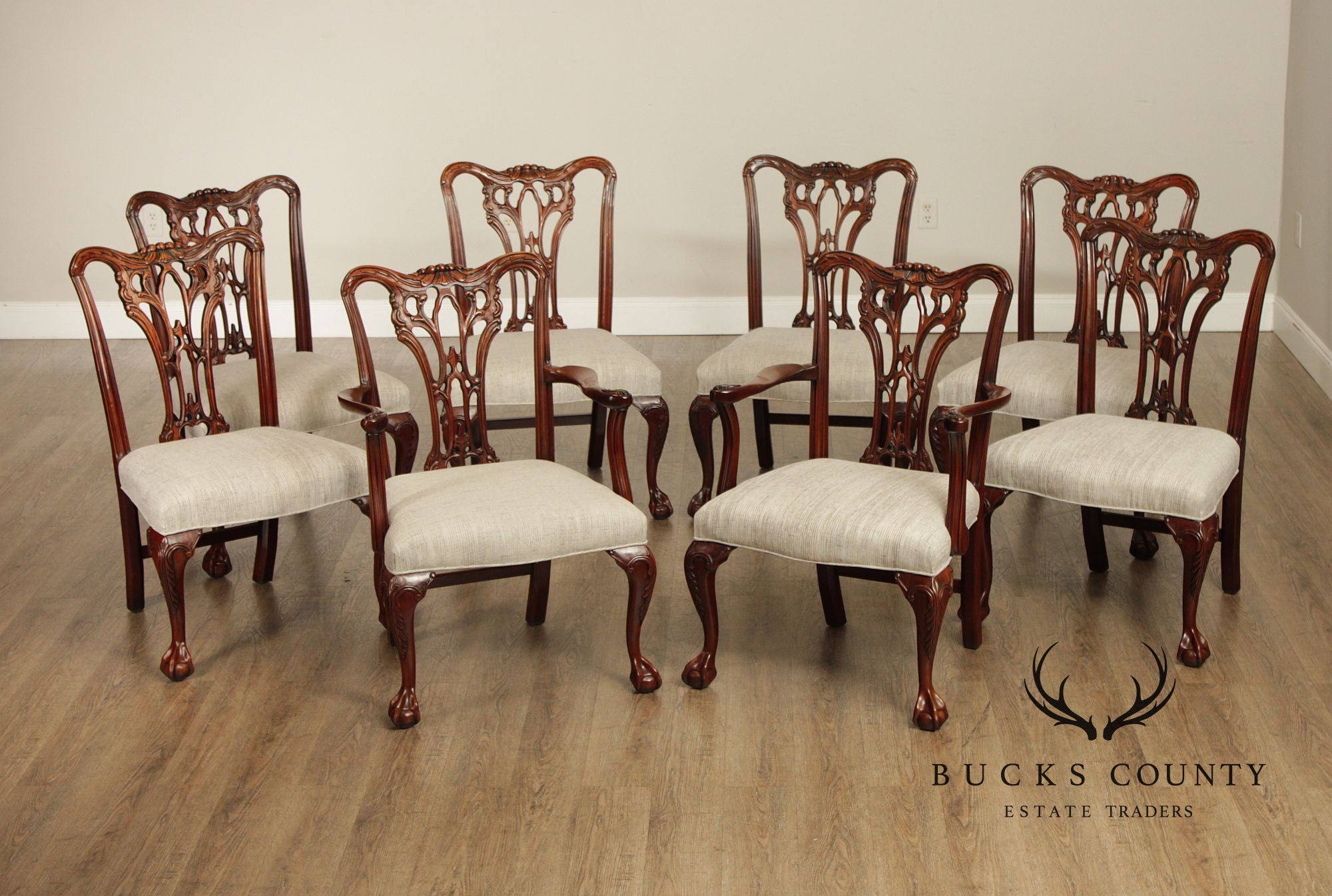 Chippendale Style Quality Set Of Eight Solid Mahogany Dining Chairs