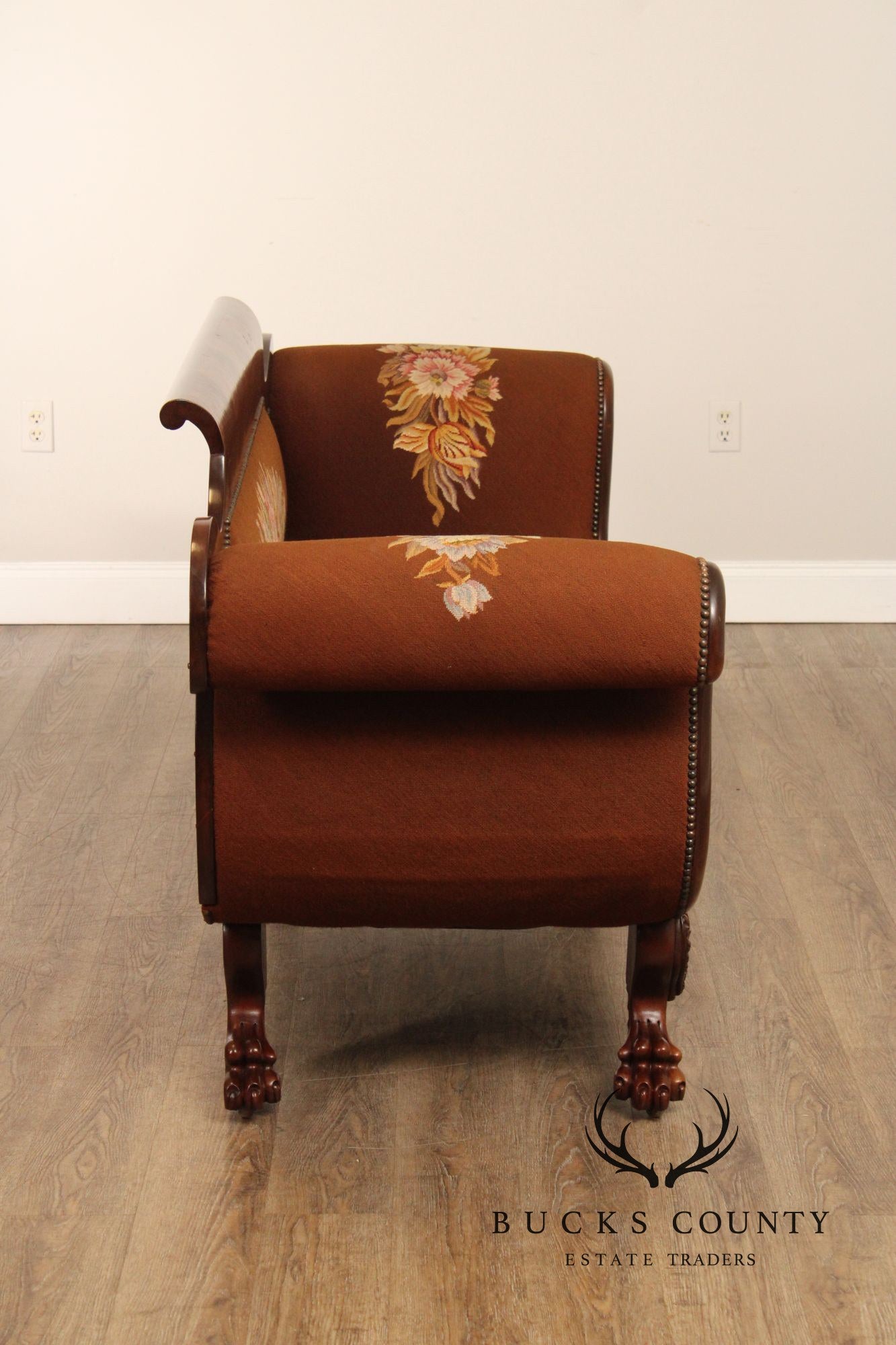 American Empire Carved Mahogany and Needlepoint Sofa