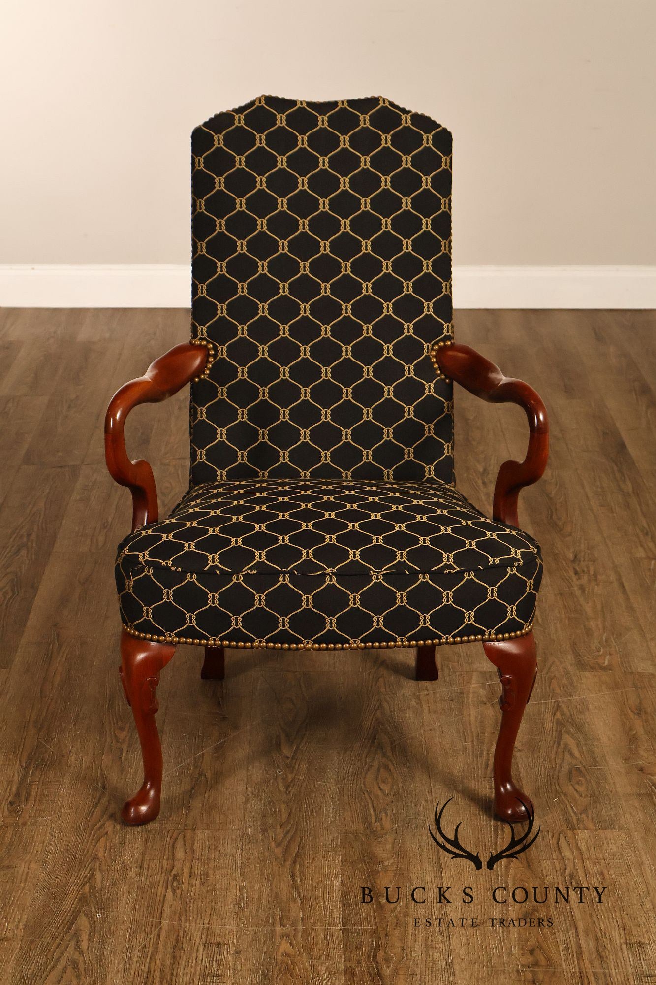 Queen Anne Style Pair Of Tall Back Upholstered Armchairs