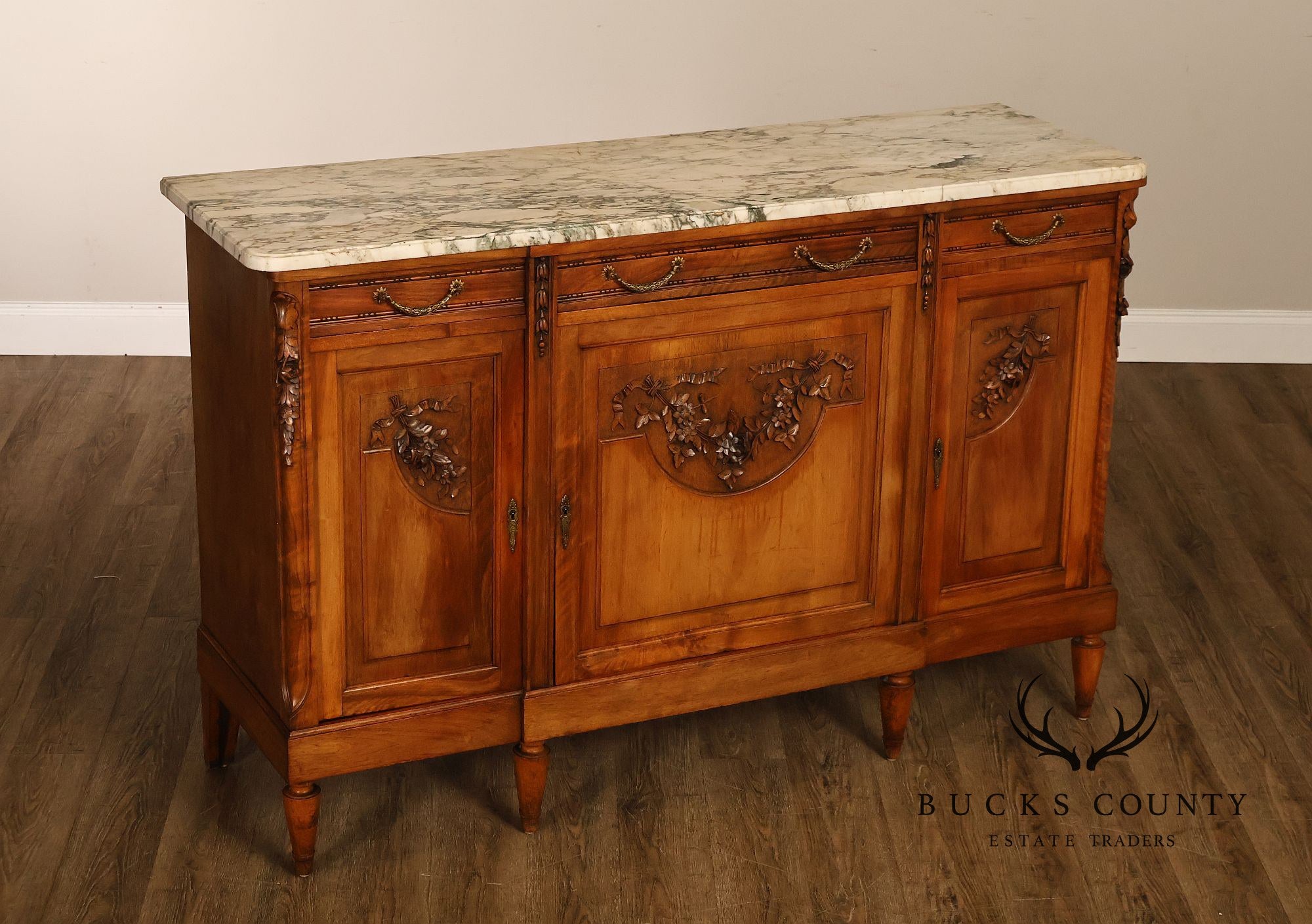 Antique French Louis XVI Style Carved Walnut Marble Top Buffet Sideboard