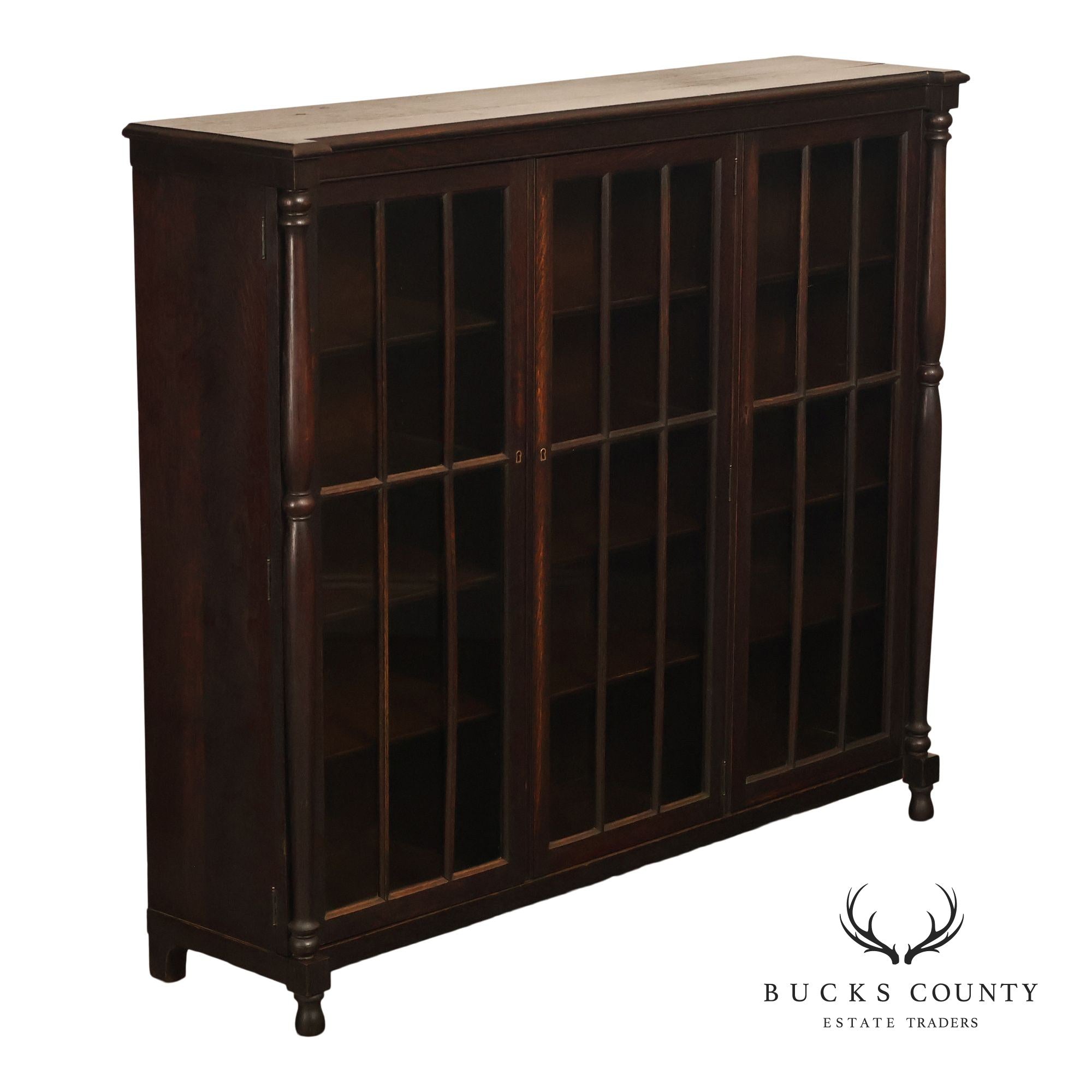 Antique Carved Oak Glass Door Triple Bookcase