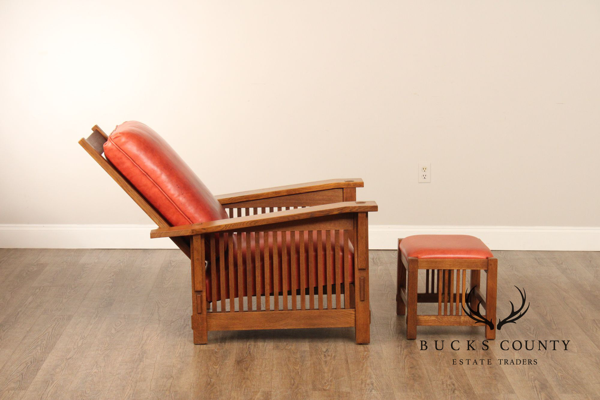 Stickley Mission Oak Collection Bow Arm Morris Chair and Ottoman