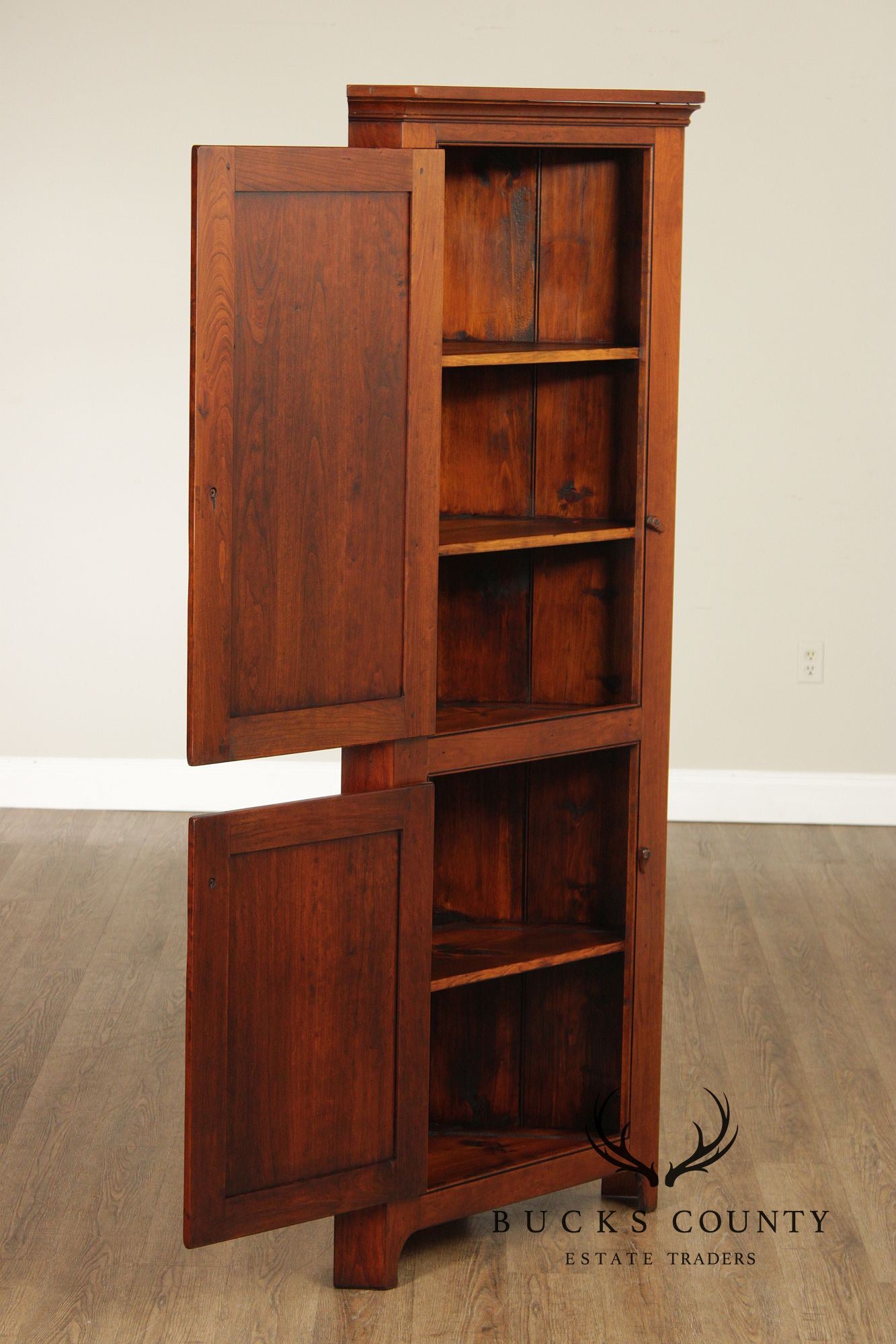 Primitive Two-Door Cherry Narrow Corner Cupboard